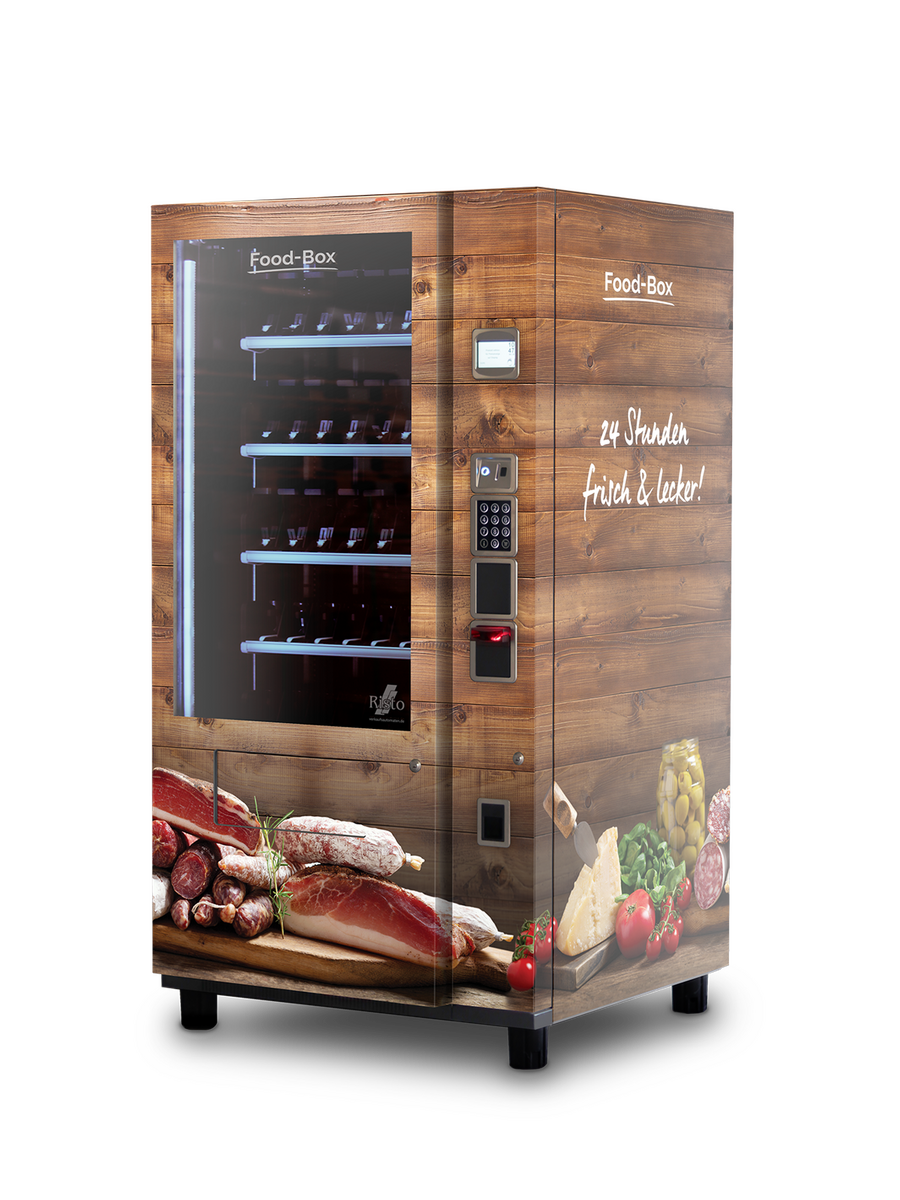 Verkaufsautomat mit Holzdesign und Fleisch- und Wurstprodukten      