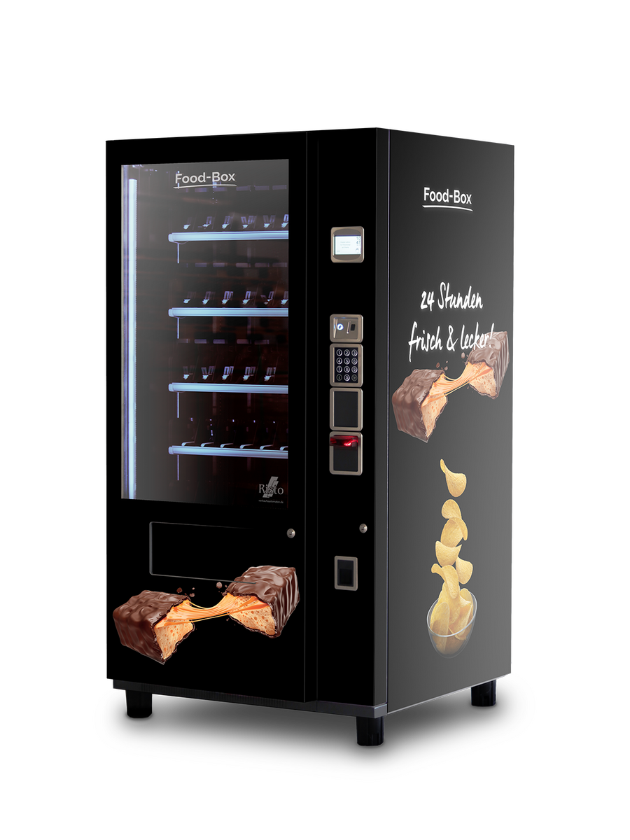 Schwarzer Verkaufsautomat mit Snack- und Chipsdesign für 24-Stunden-Verkauf      