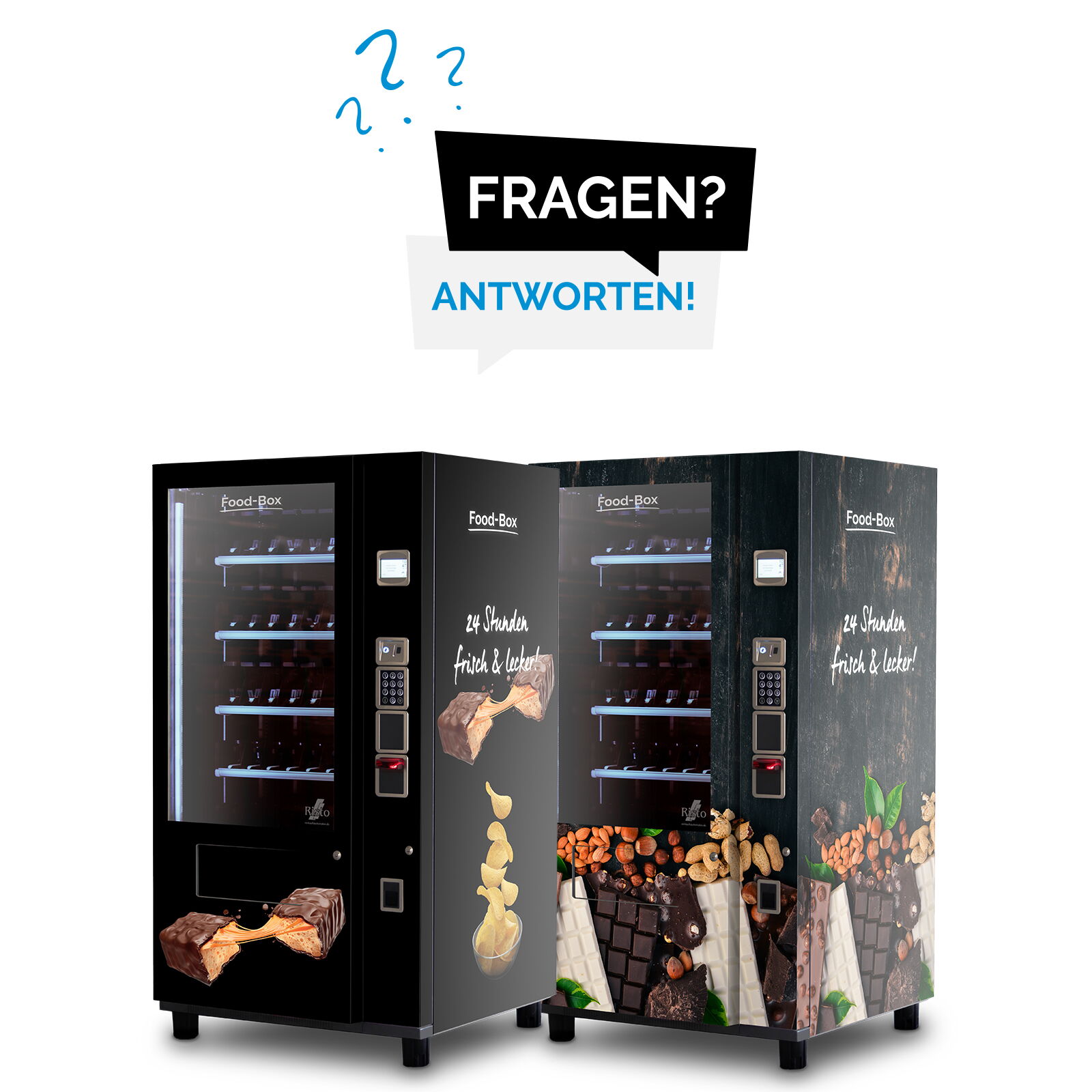 Zwei schwarze Verkaufsautomaten mit Snack- und Schokoladendesign unter Fragen-Antworten-Grafik      