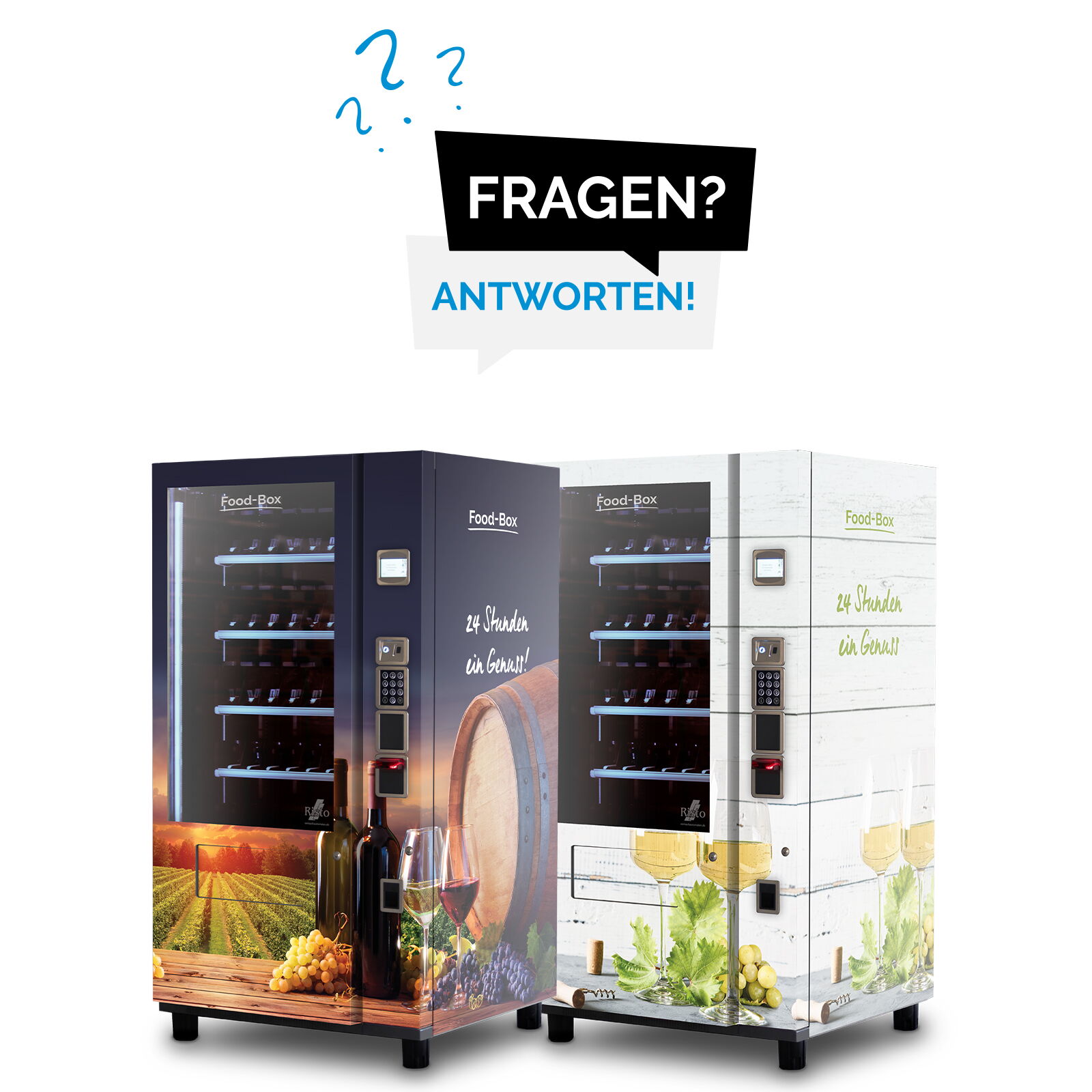 Zwei Verkaufsautomaten mit Wein-Motiven und 24-Stunden-Verkauf      