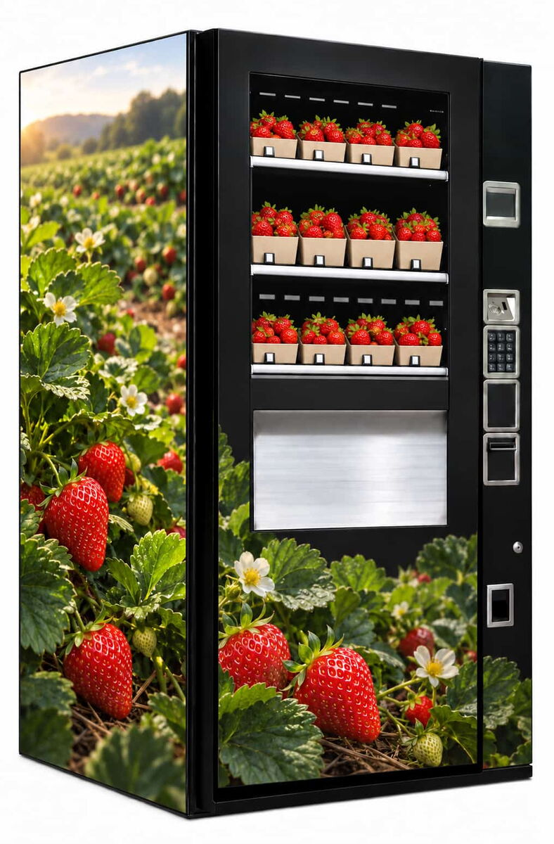 Schwarzer Erdbeerautomat mit Erdbeerfeld-Motiv und Schalen voller frischer Erdbeeren