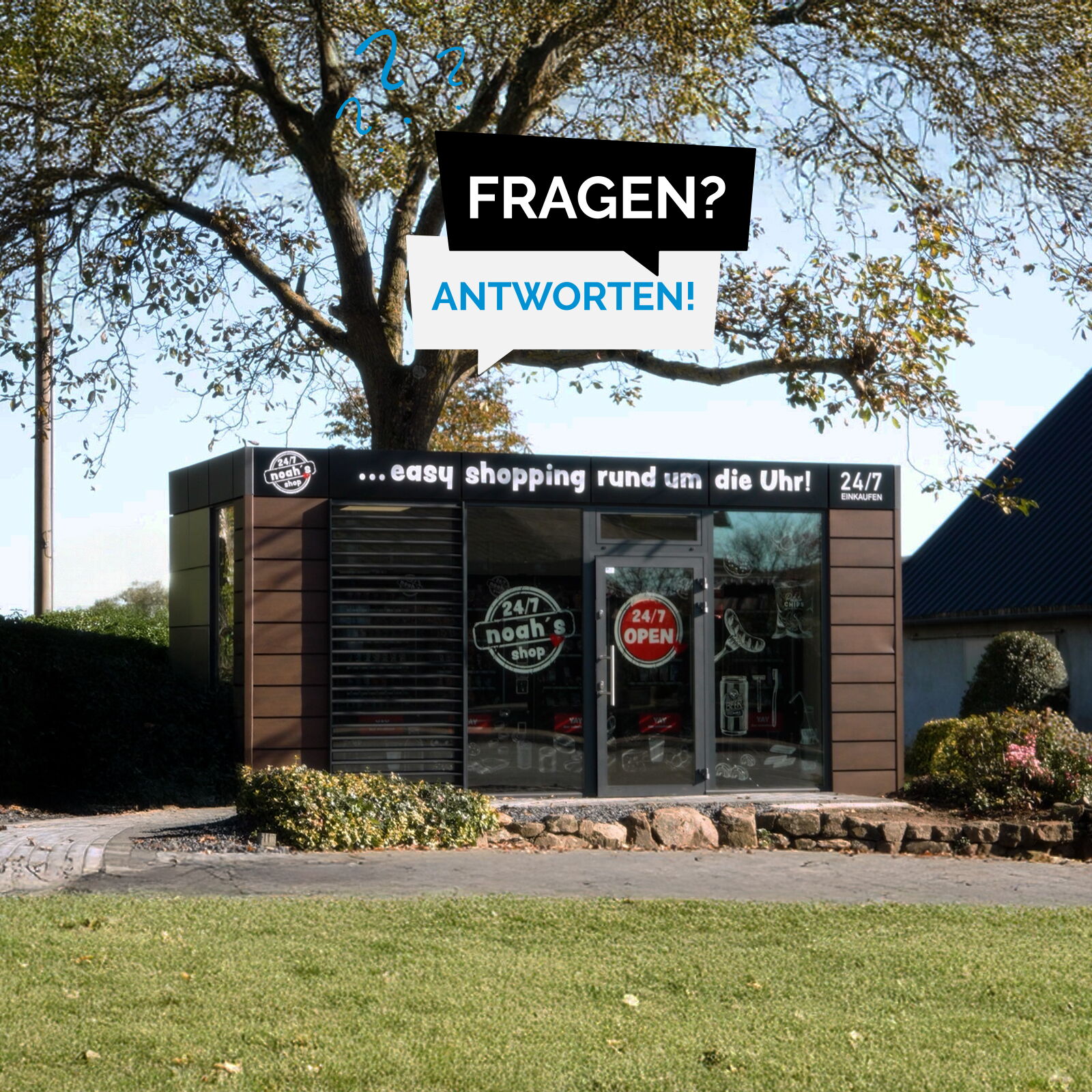 Verkaufsautomaten-Shop im Außenbereich mit Schriftzug Fragen und Antworten      