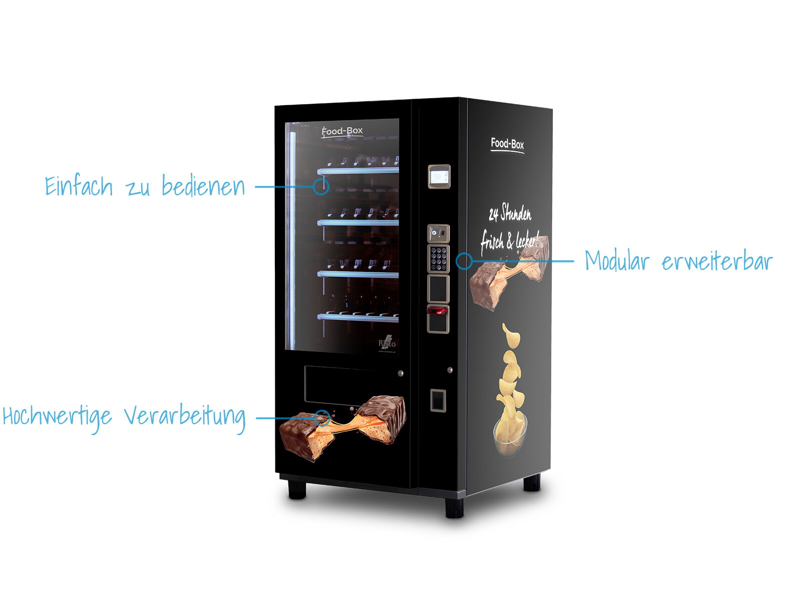 Schwarzer Verkaufsautomat mit Snackabbildungen und blauen Hinweistexten      