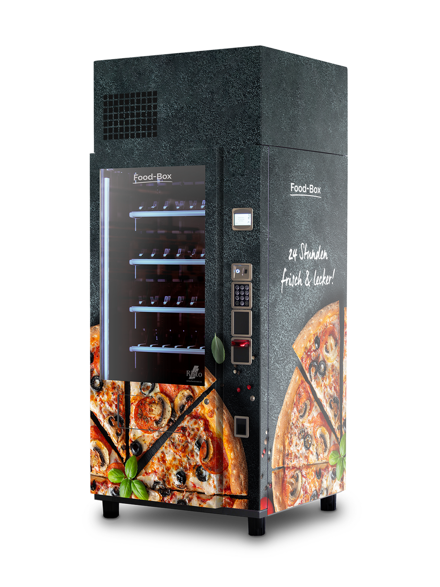 Schwarzer Verkaufsautomat mit Pizzaabbildungen und Glasfront      