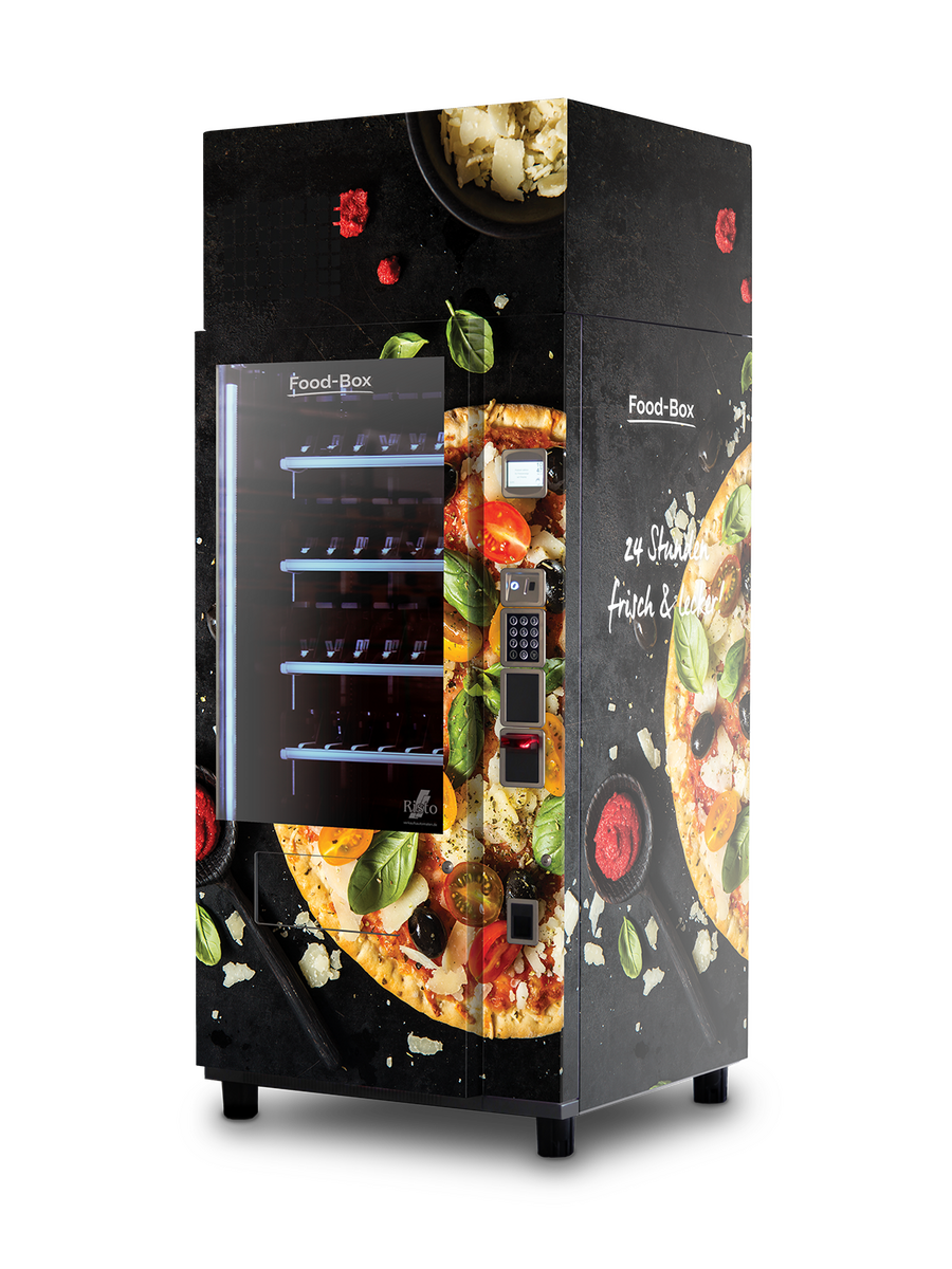 Ein Verkaufsautomat mit Pizzaabbildungen und Zutatenmotiven      