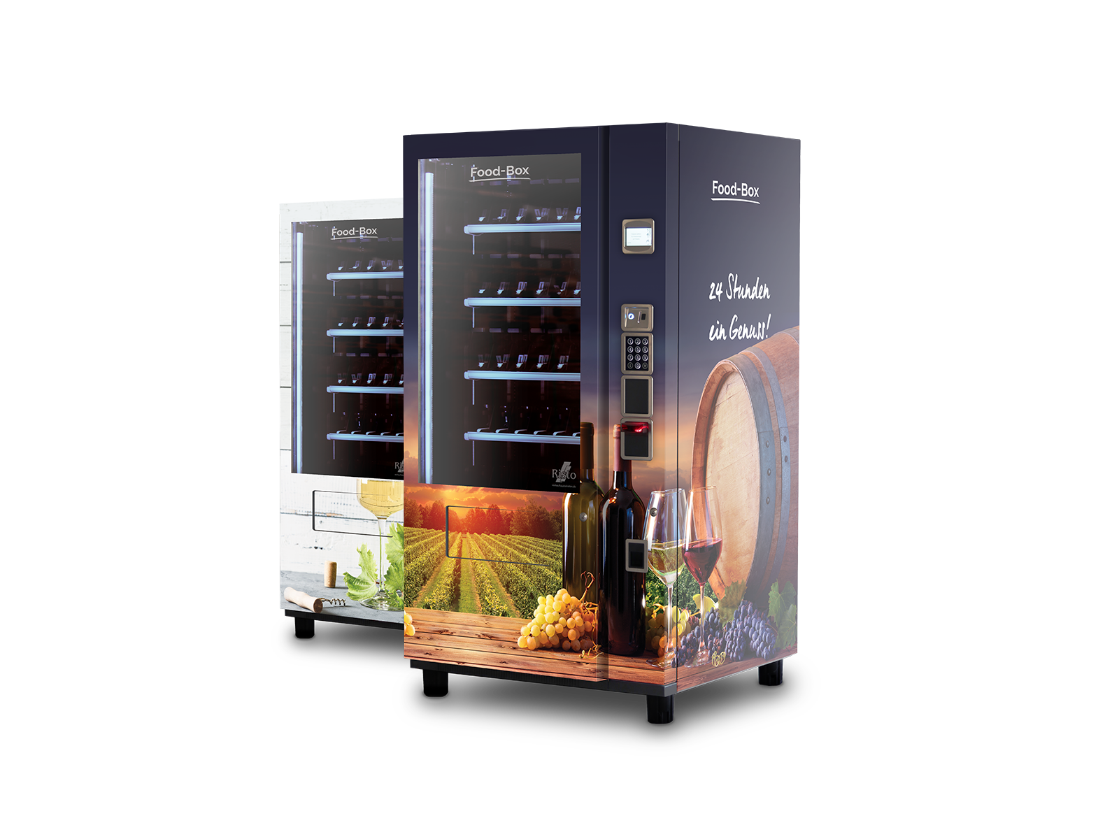 Zwei Verkaufsautomaten mit Weinmotiv, Präsentation verschiedener Designs      