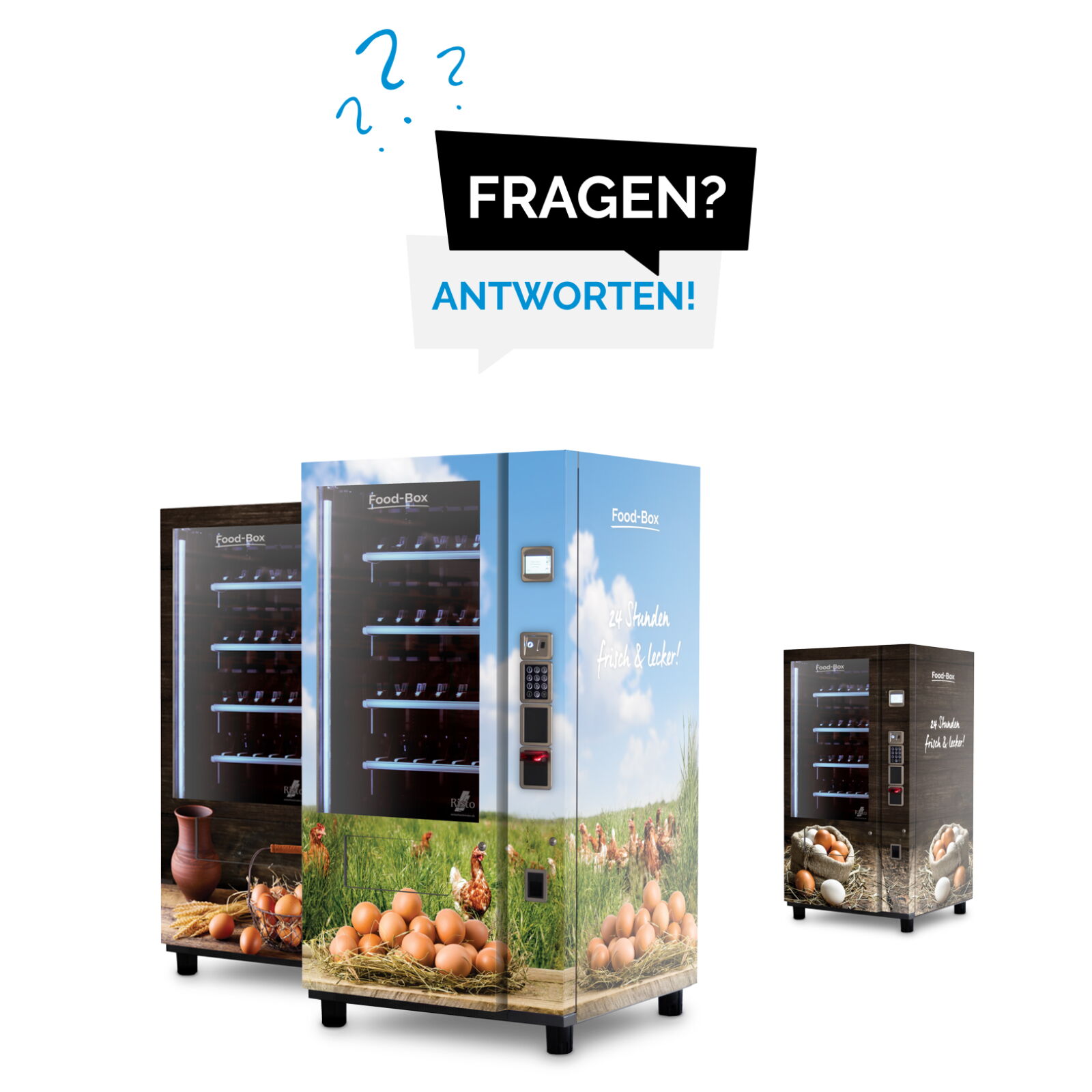 Drei Verkaufsautomaten mit Eiermotiven, darüber blauer Text Fragen Antworten      