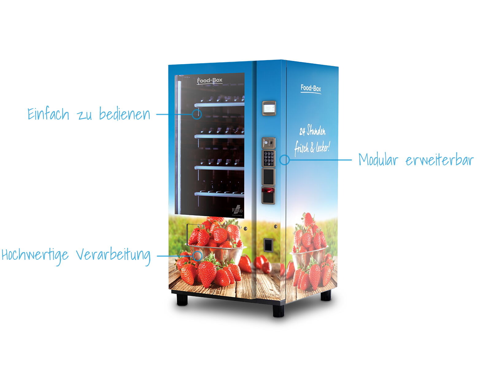 Blauer Verkaufsautomat mit Erdbeerabbildungen und transparentem Sichtfenster      