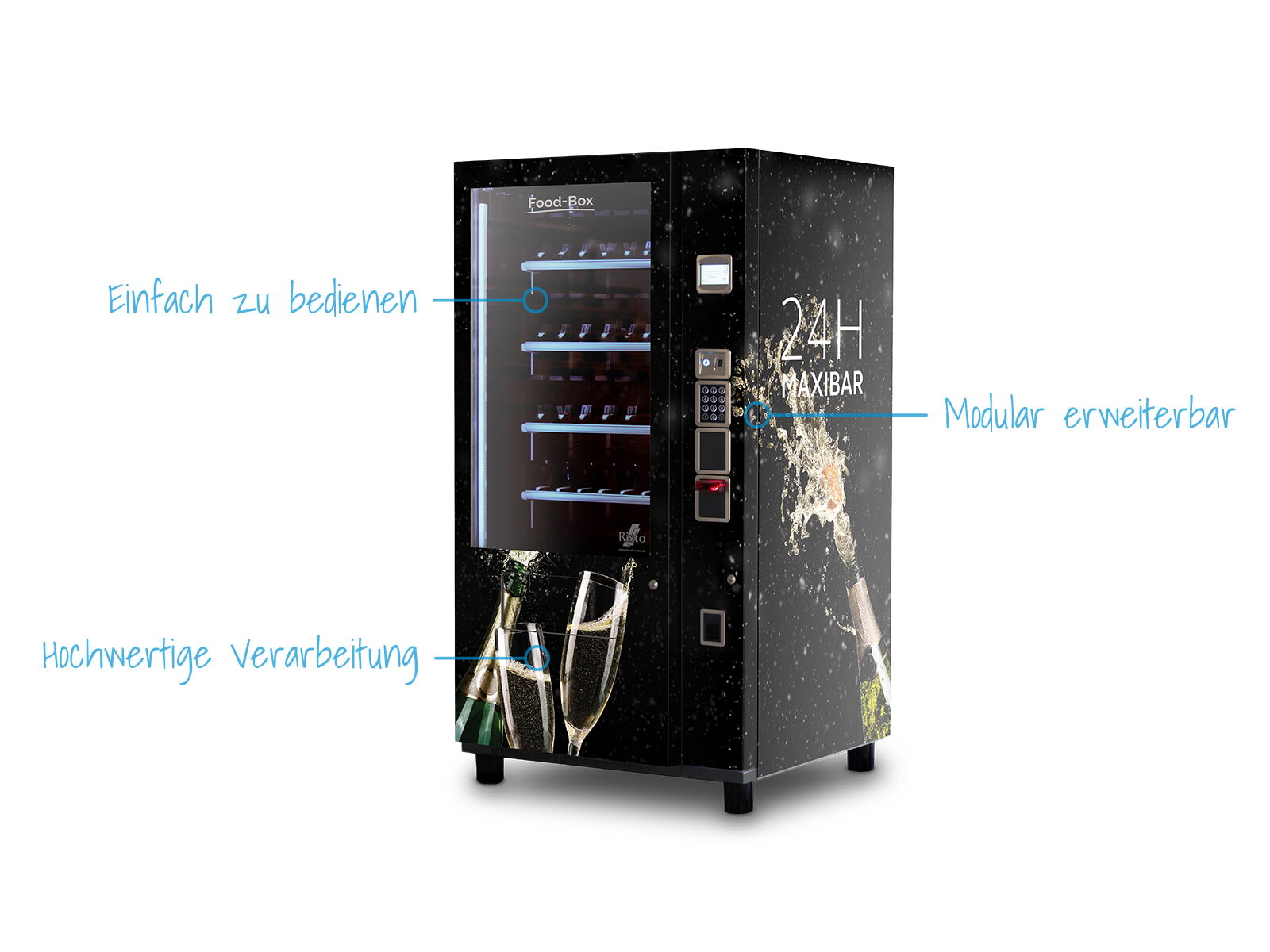 Verkaufsautomat mit Produktabbildungen und blauen Textmarkierungen am Gerät      