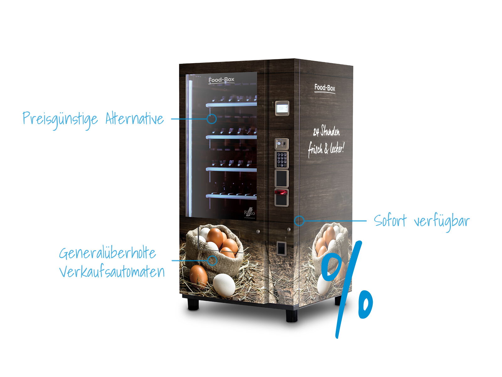 Holzoptik-Verkaufsautomat mit Eierkörben und Produktmarkierungen      