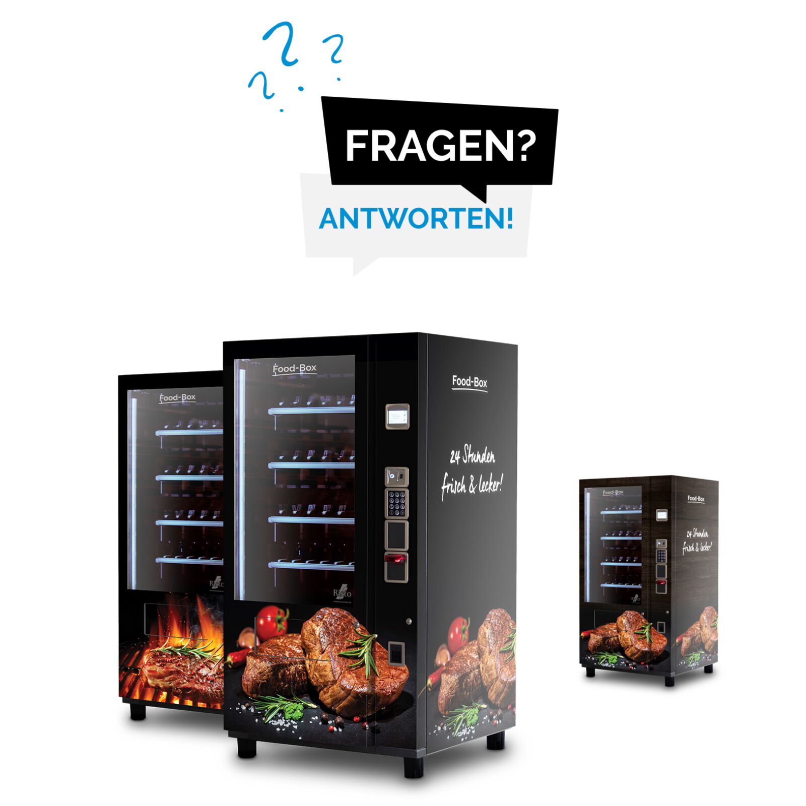 Mehrere schwarze Verkaufsautomaten mit Fleischdesign und Fragen-Antworten-Grafik