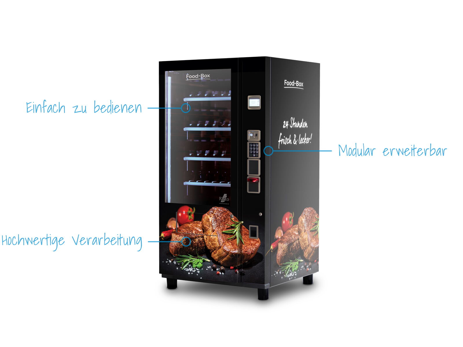 Schwarzer Verkaufsautomat mit Steakabbildungen, Funktionshinweisen und Glasfront