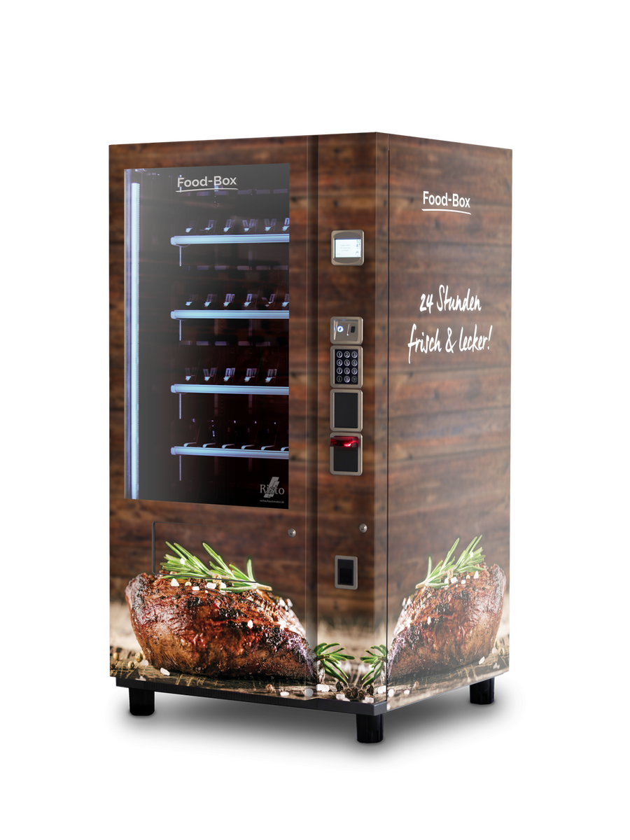 Verkaufsautomat mit Steakabbildungen und Holzoptik