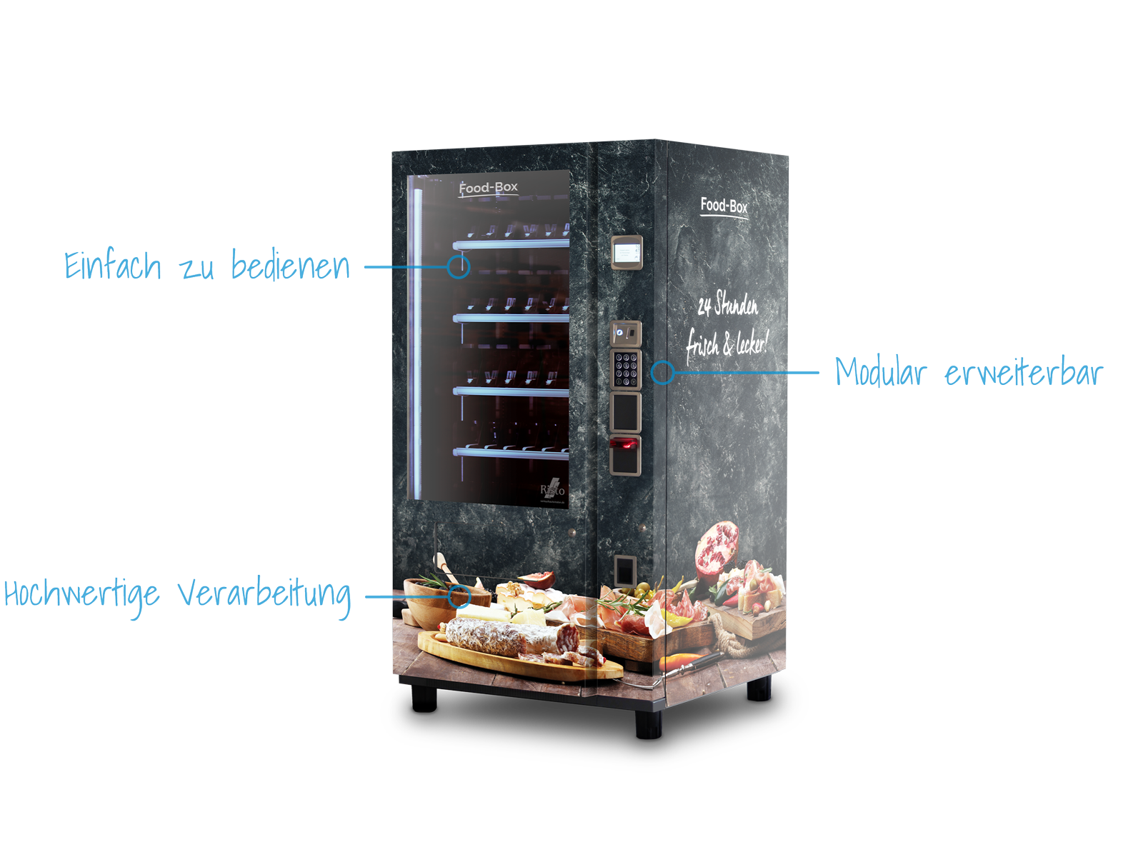 Verkaufsautomat mit Fleisch- und Käseabbildungen und Hinweisen zur Bedienung      