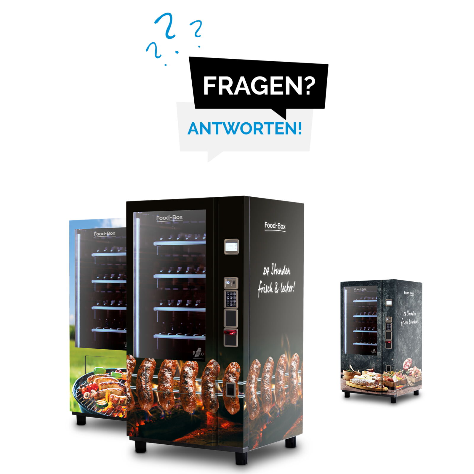 Mehrere Verkaufsautomaten mit Fleischdesign und Hinweisgrafik Fragen Antworten      
