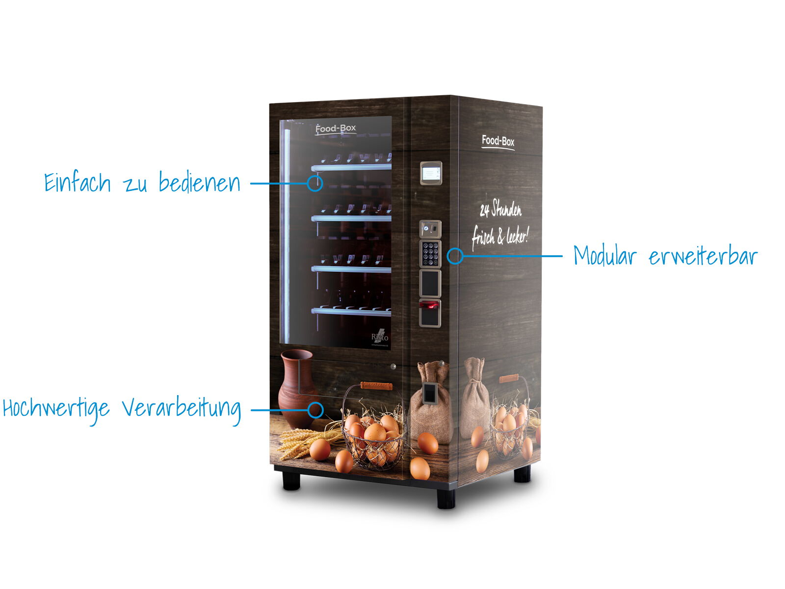 Ein Verkaufsautomat mit Eierabbildungen und Holzoptik      