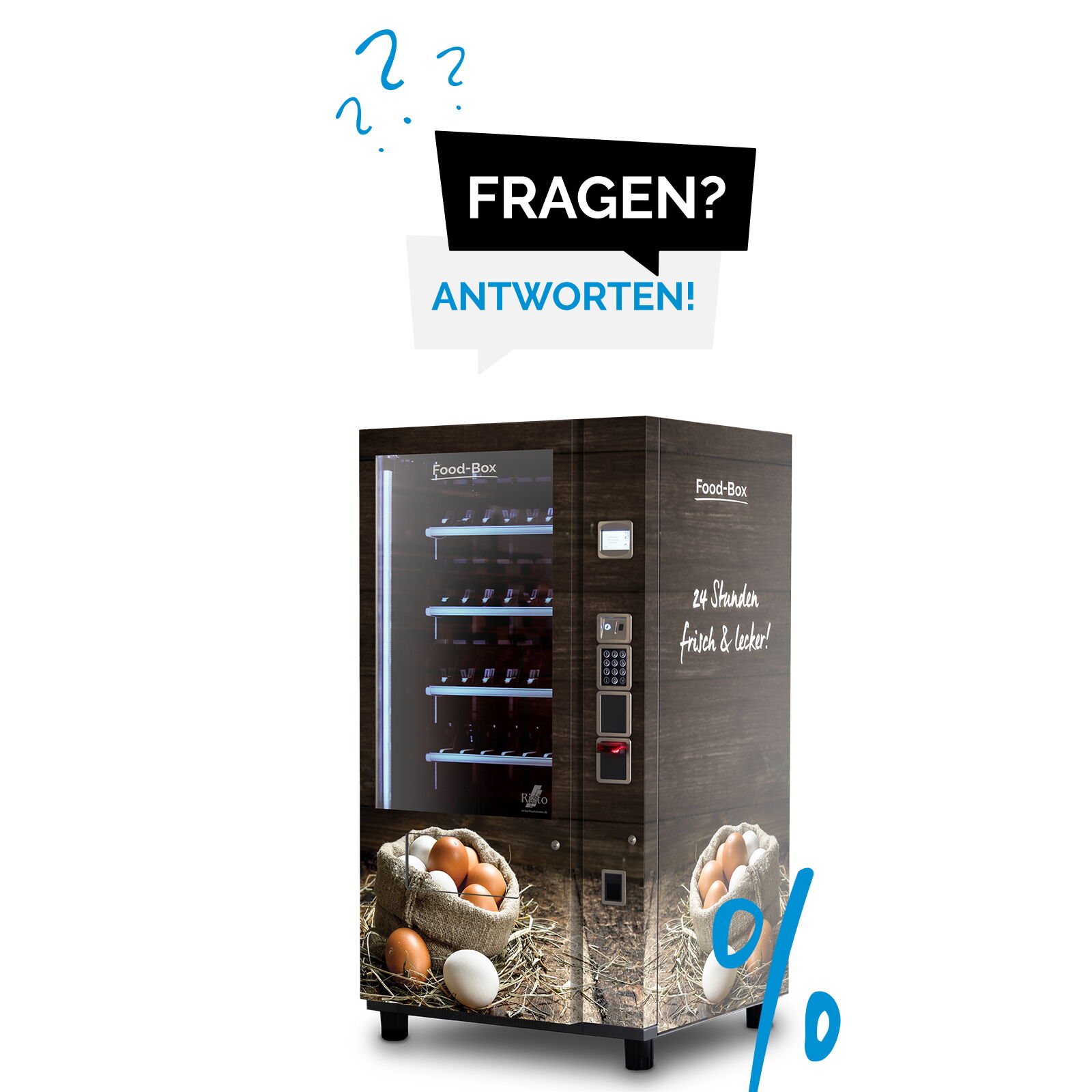 Verkaufsautomat mit Eierabbildungen in Holzoptik und Fragen-Antworten-Grafik      