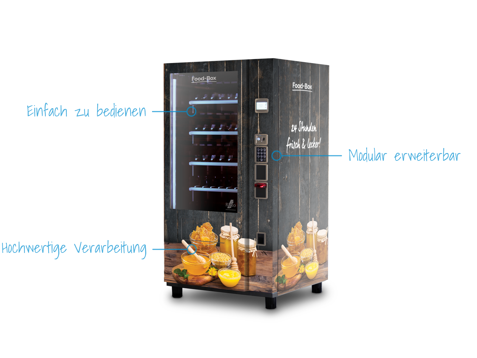 Verkaufsautomat mit Honigabbildungen und dunklem Holzdesign      