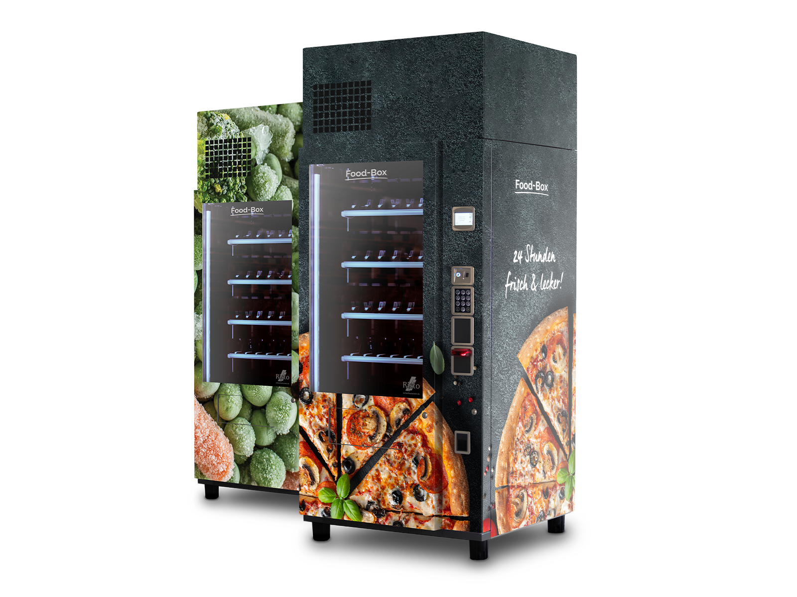 Zwei Verkaufsautomaten mit Pizza- und Gemüse-Motiv in modularer Aufstellung      