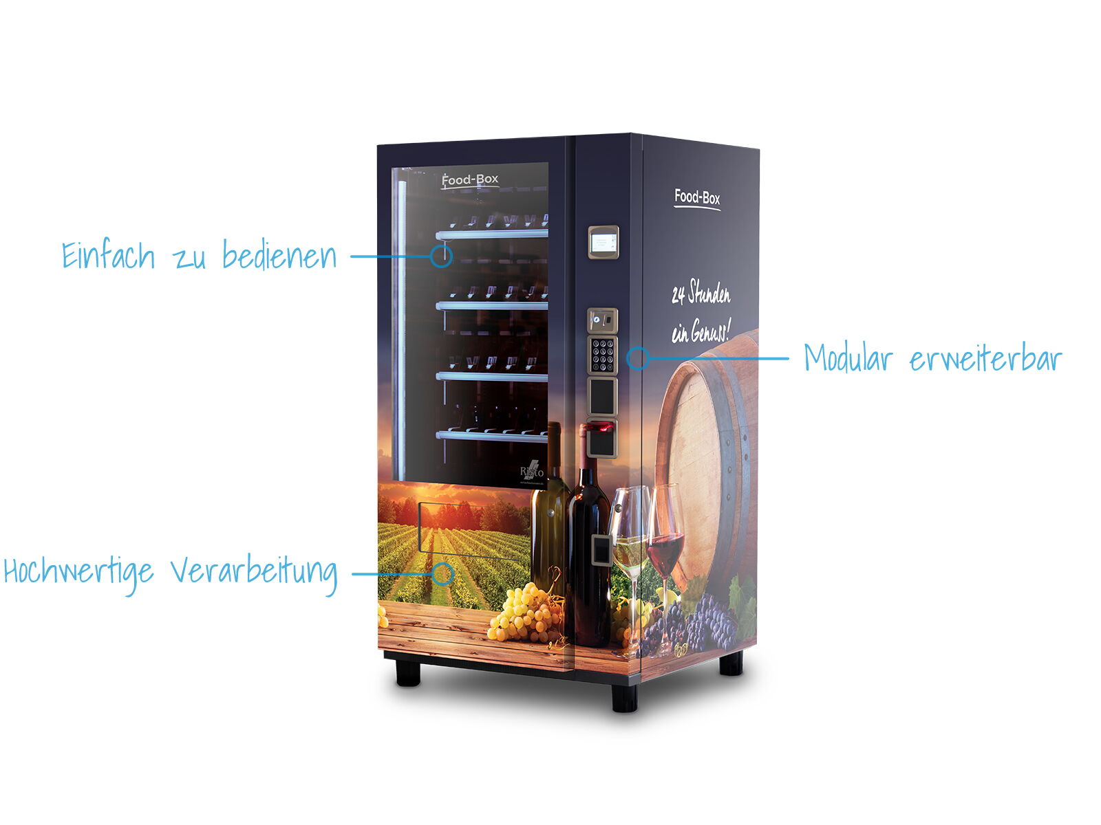Ein Verkaufsautomat mit Weinabbildungen und Text Einfach zu bedienen      