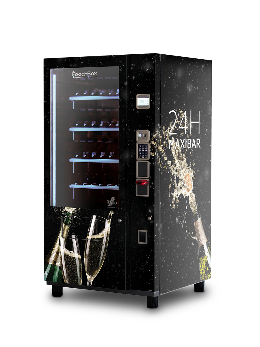 Schwarzer Verkaufsautomat mit Champagner- und Sektmotiv für gekühlte Getränke      