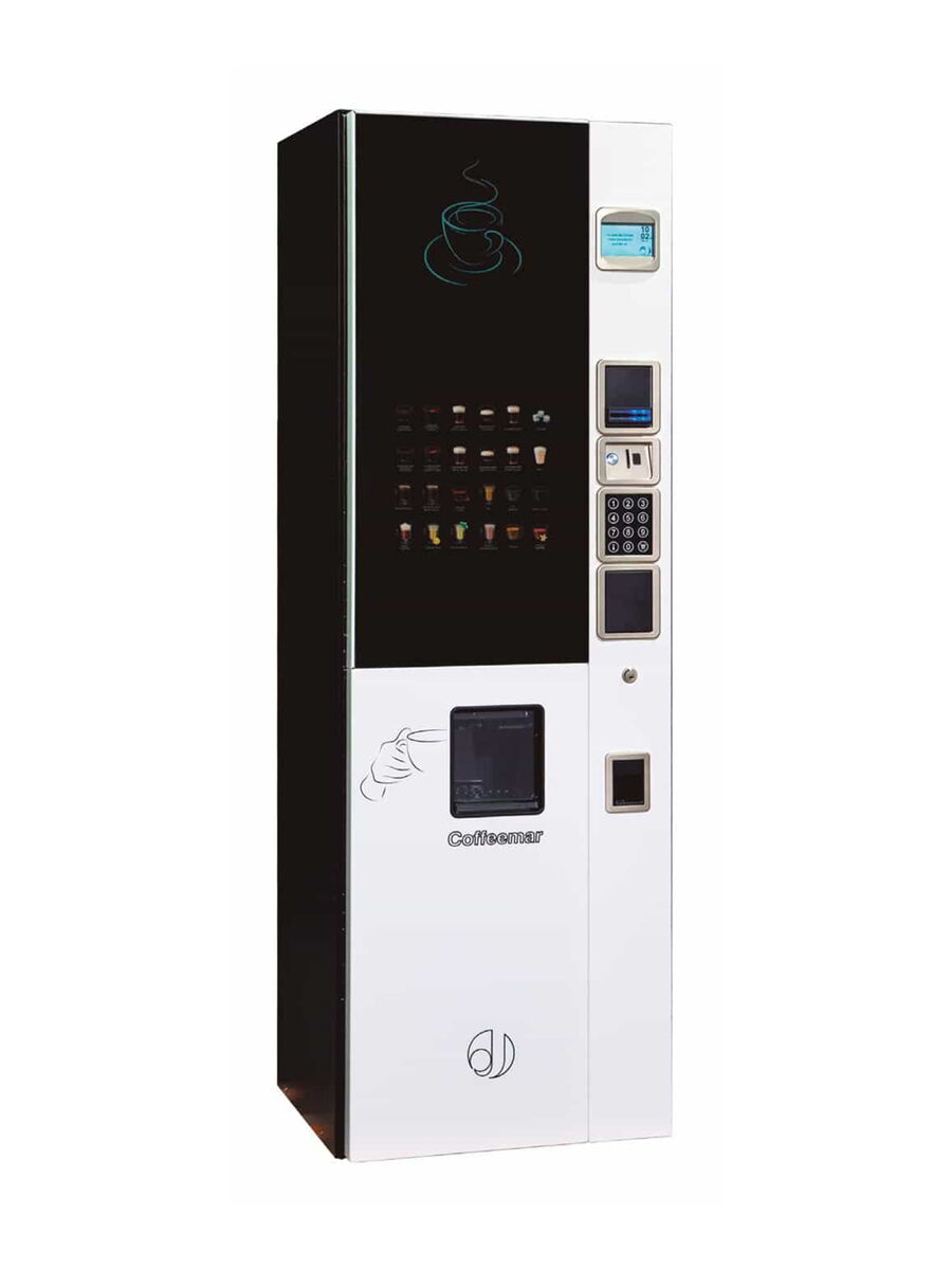 Kaffeeautomat mit Touchdisplay und Getränkeauswahl      