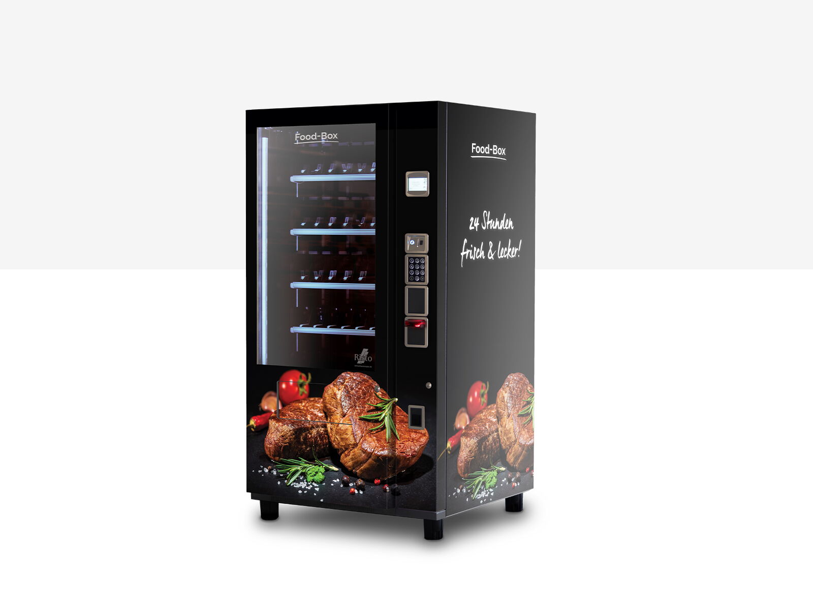 Ein schwarzer Verkaufsautomat mit Grillfleischabbildungen und Kräutern      