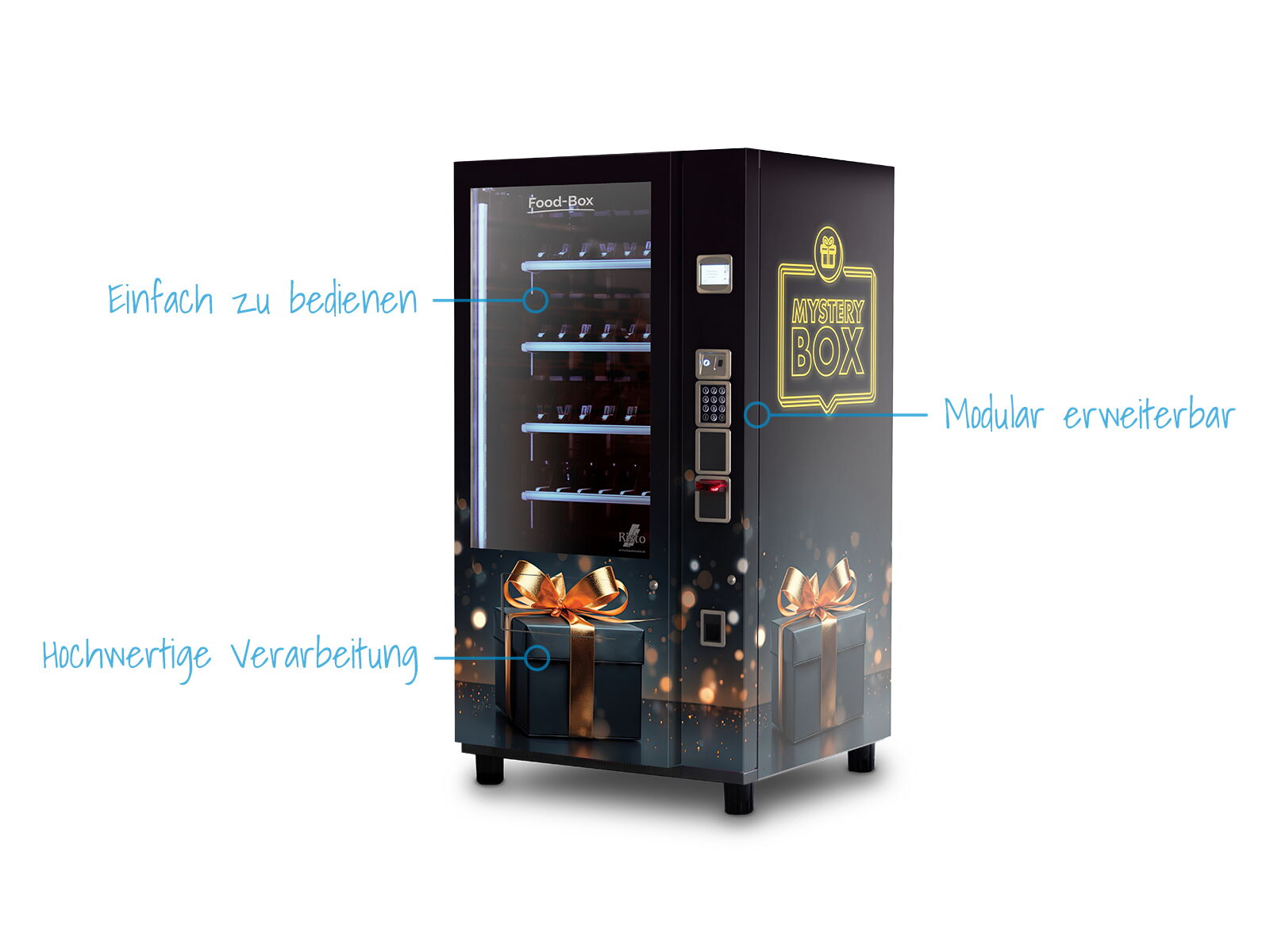 Schwarzer Verkaufsautomat mit Geschenkabbildungen und blauem Infotexten daneben      