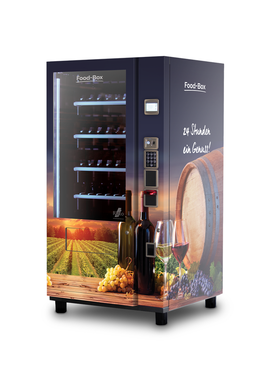 Schwarzer Verkaufsautomat mit Weinmotiv, Weinflaschen und Weinfass