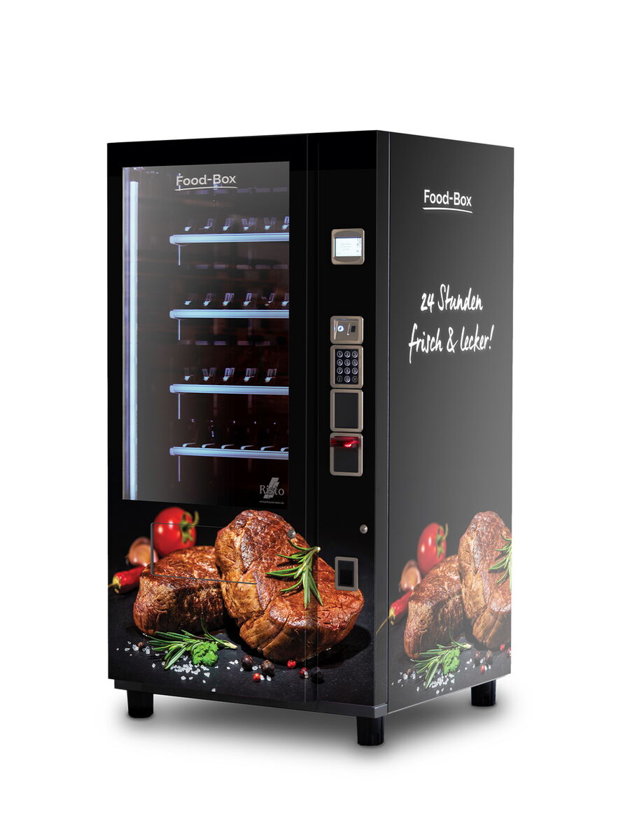 Verkaufsautomat mit Steakabbildungen auf schwarzem Design