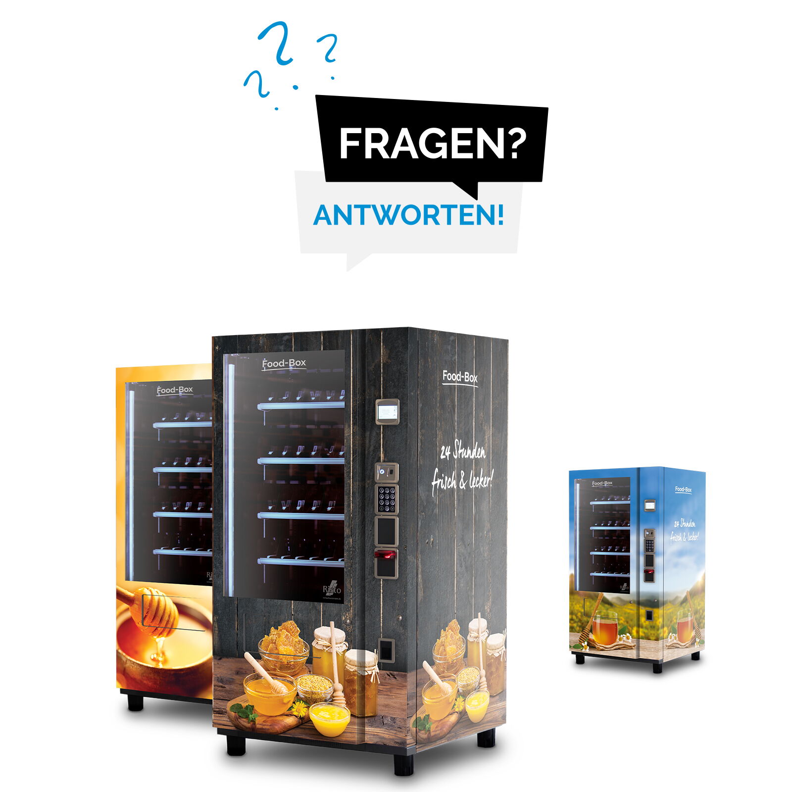 Mehrere Verkaufsautomaten mit Honigproduktdesigns und Schriftzug Fragen Antworten      