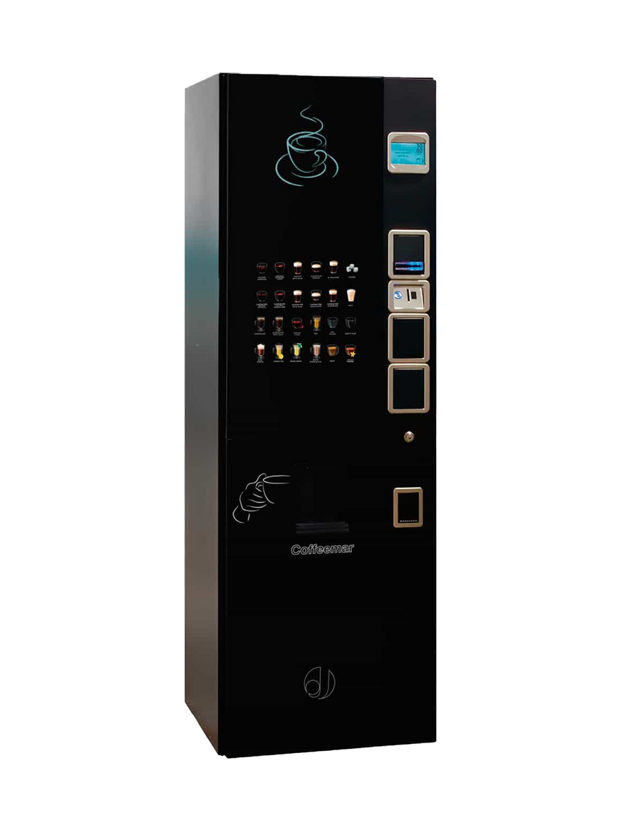 Schwarzer Kaffeevollautomat mit Touchdisplay, Getränkeauswahl und Bezahlmodul      