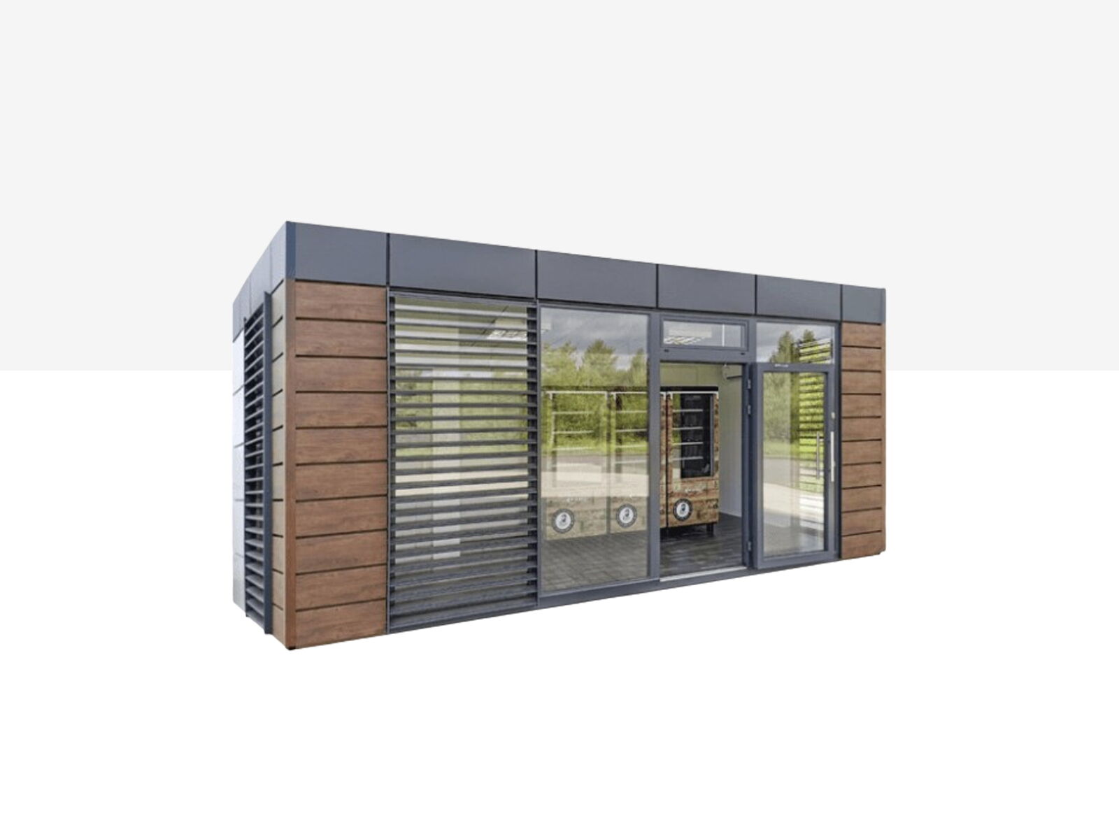 Moderner Container mit Holzfassade, Lamellenelementen und großer Glasfront mit Eingangstür      