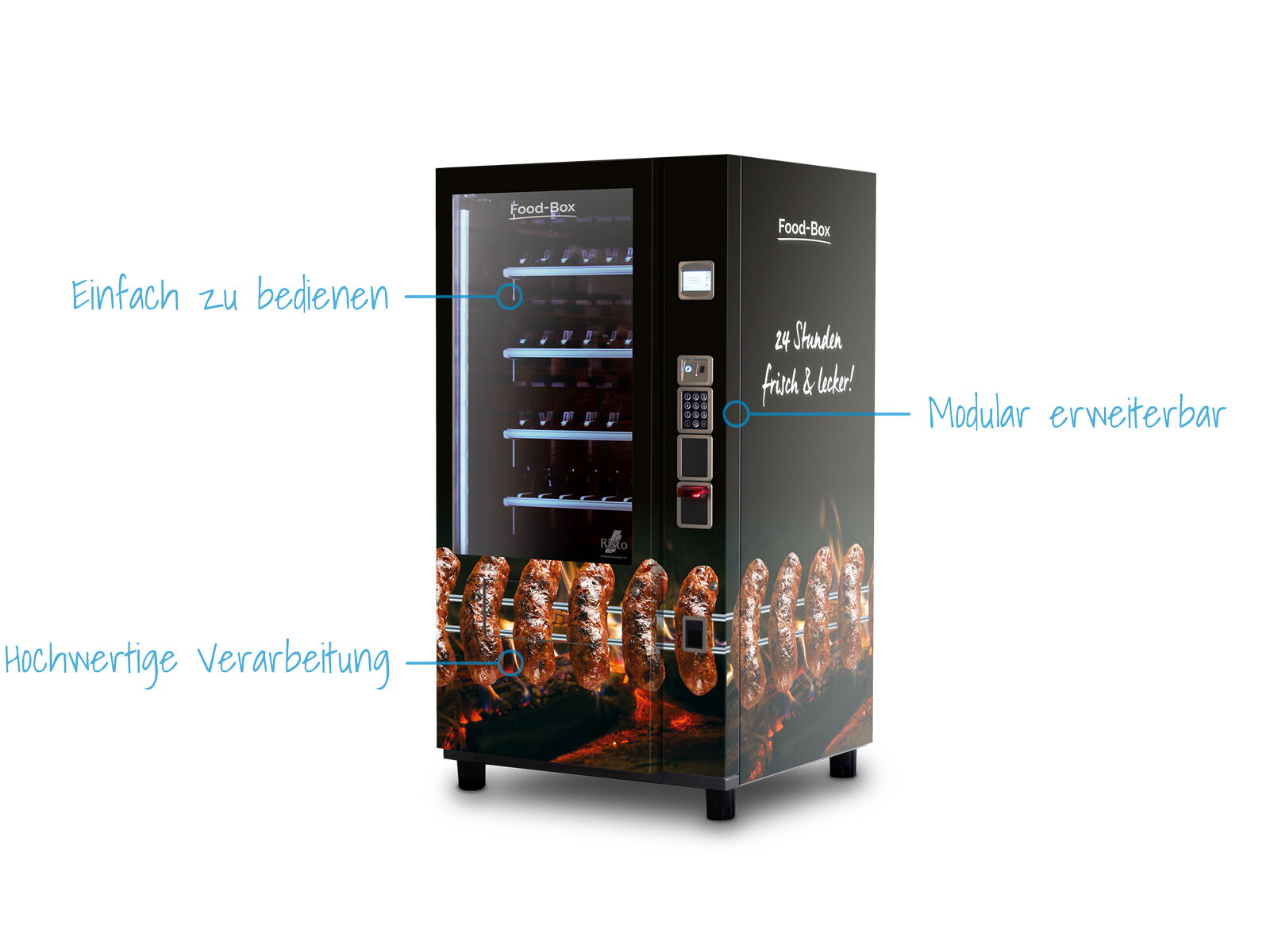 Verkaufsautomat mit Grillwurstmotiv und blauen Hinweistexten      