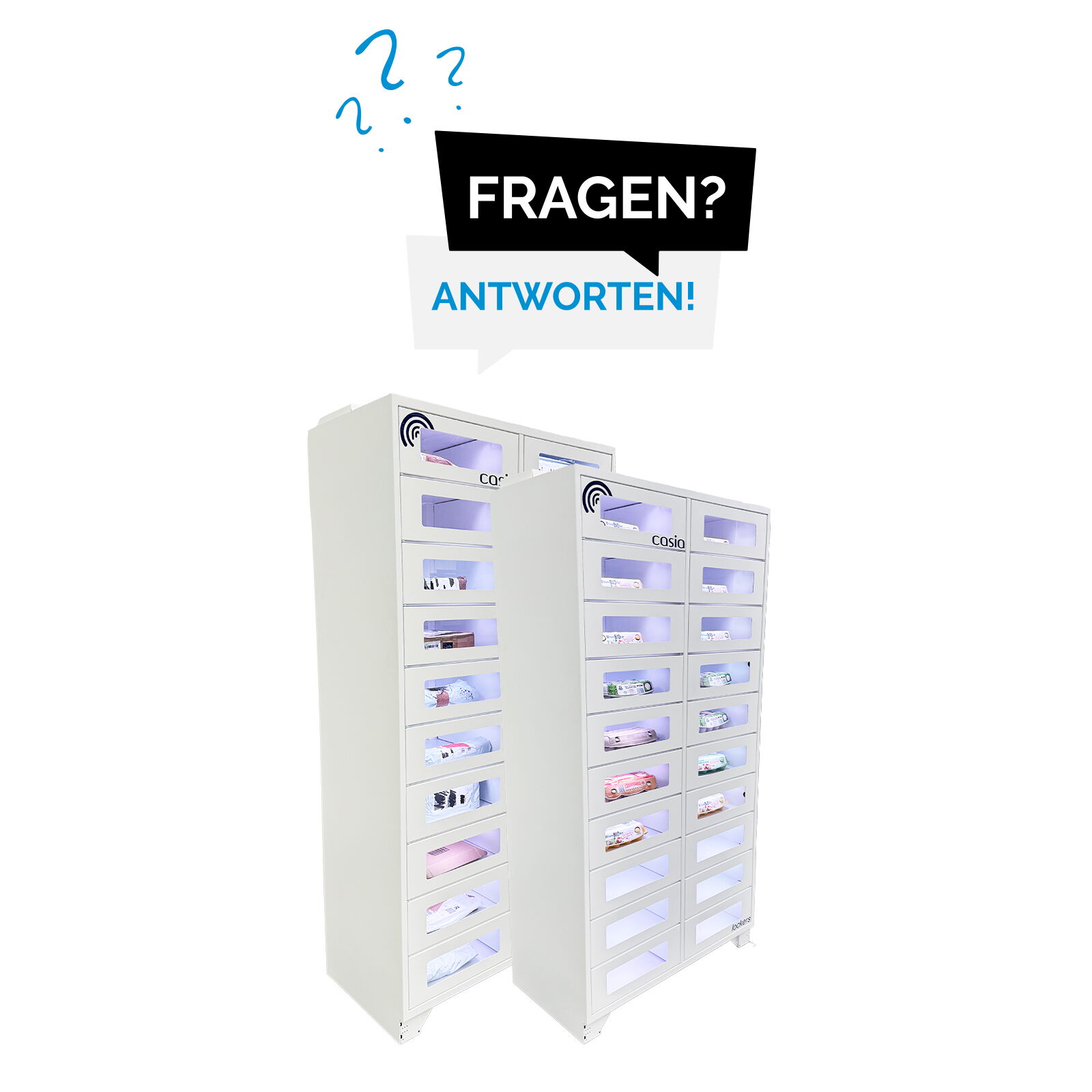 Zwei Verkaufsautomaten mit beleuchteten Fächern und Überschrift Fragen und Antworten      
