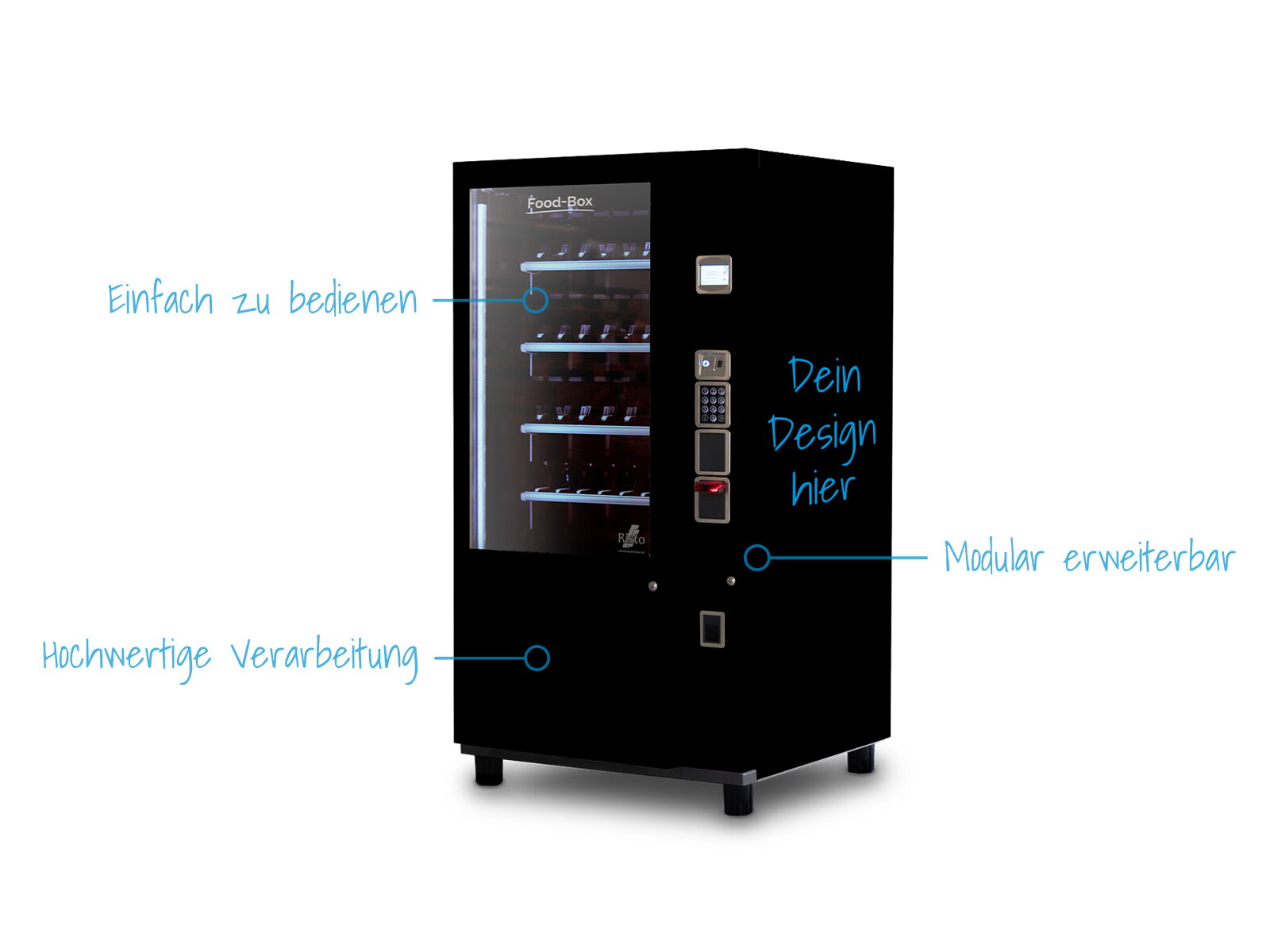 Schwarzer Verkaufsautomat mit Platzhalterdesign und blauen Beschriftungen      