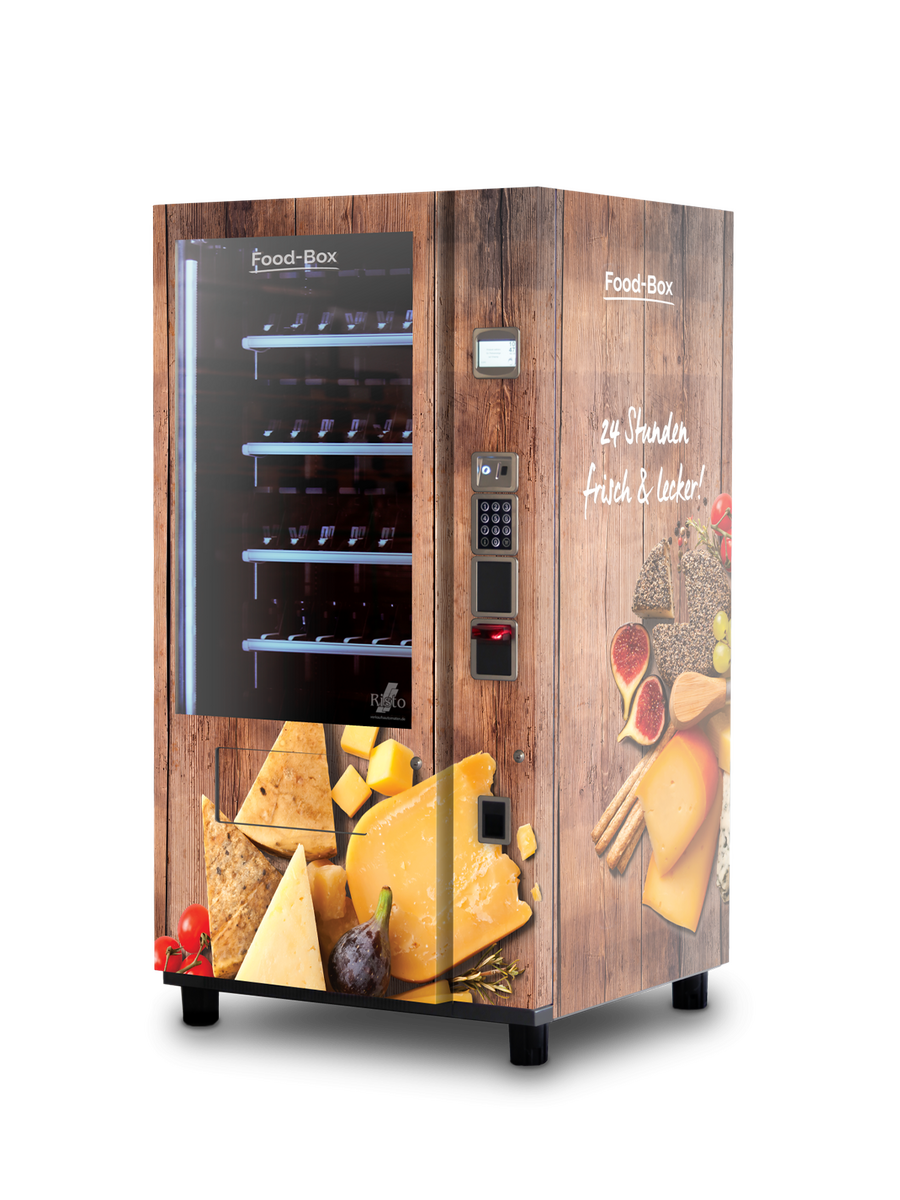 Verkaufsautomat mit Käse- und Feinkostmotiv, Holzoptik      