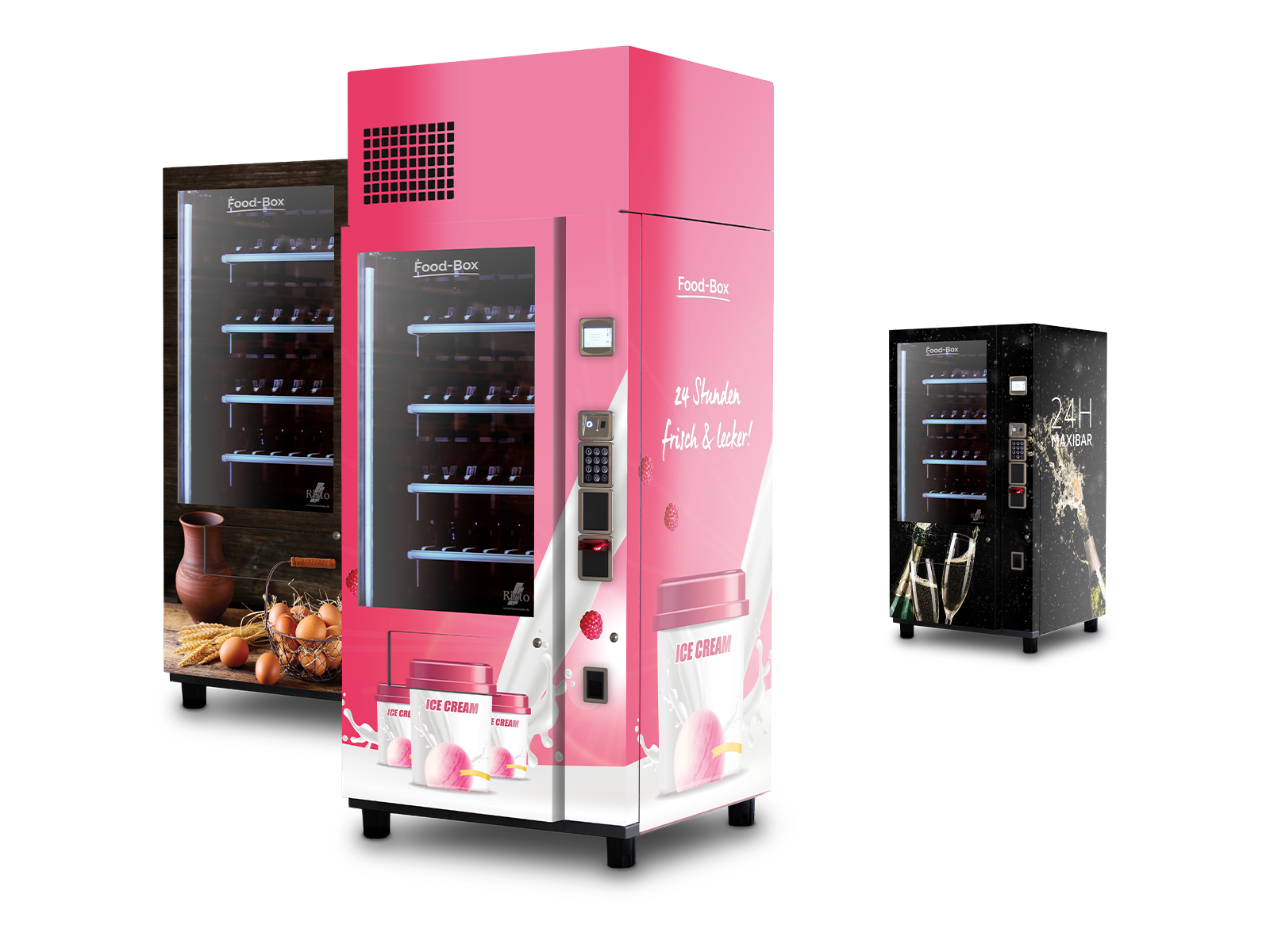 Mehrere Verkaufsautomaten mit Eiscreme-, Eier- und Getränke-Design in unterschiedlichen Farben      