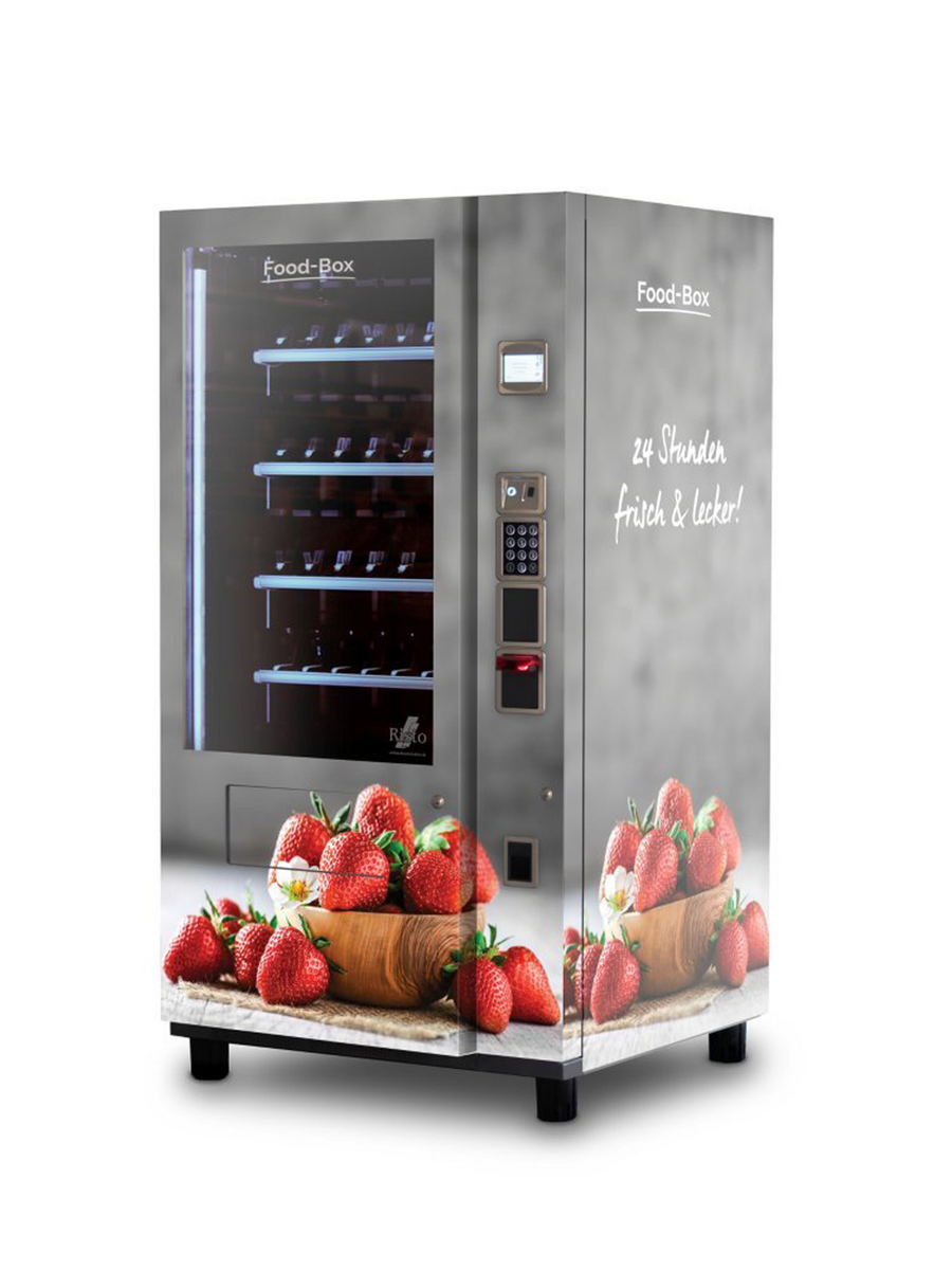 Verkaufsautomat mit Erdbeerabbildungen auf grauem Design      