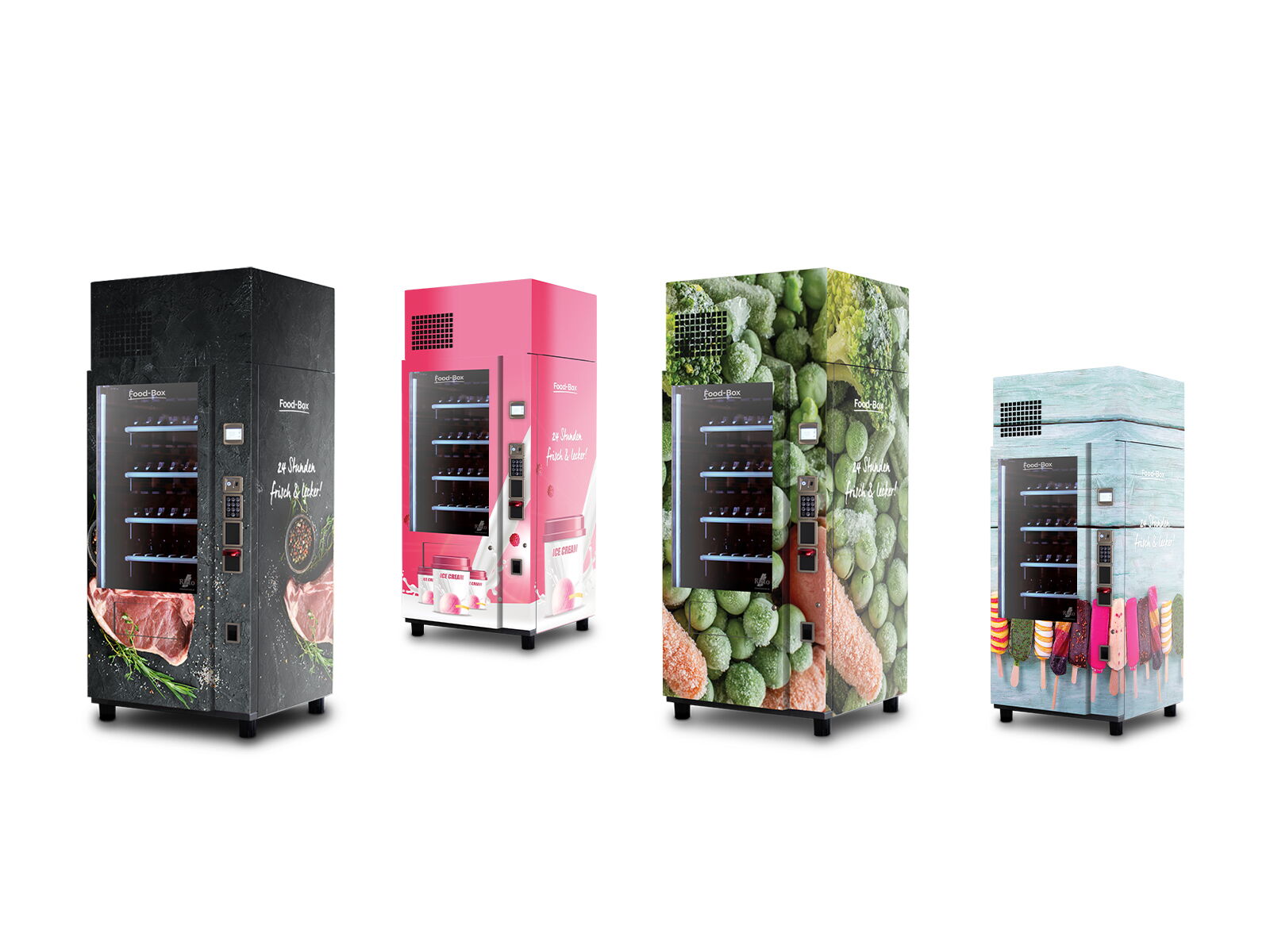 Vier Verkaufsautomaten mit Eis-, Fleisch-, Gemüse- und Eiscreme-Designs      
