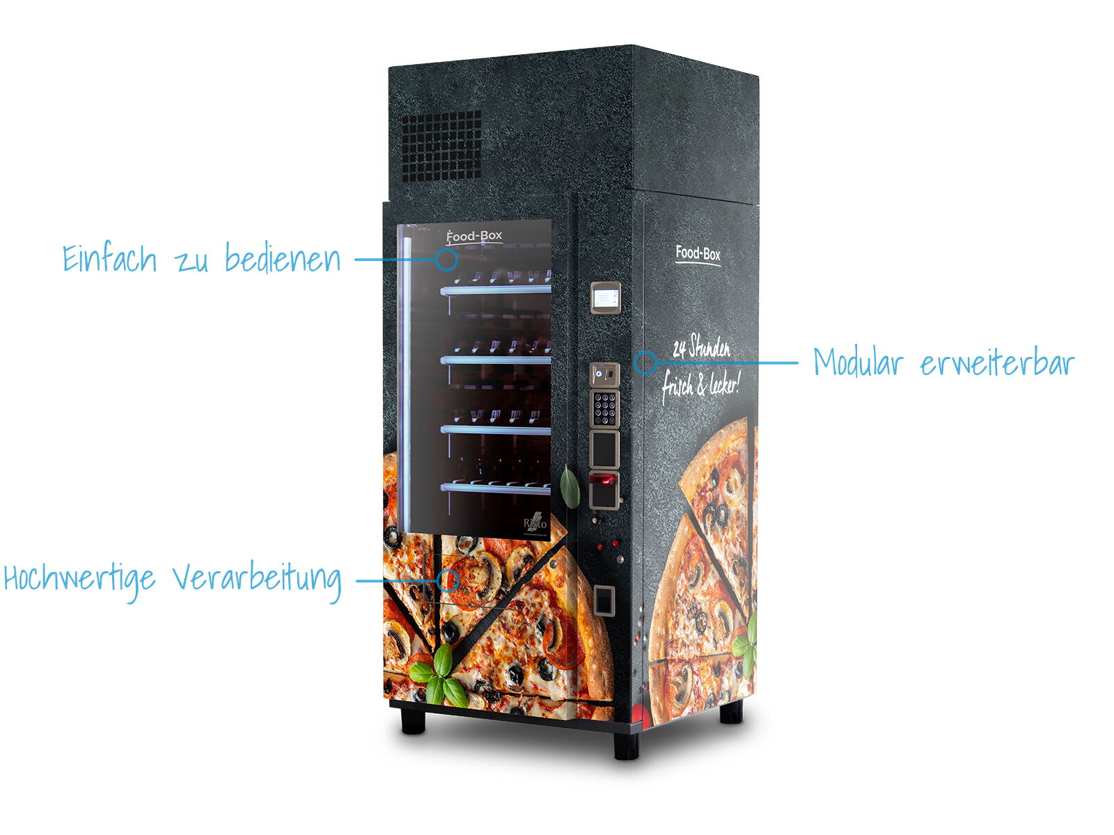 Pizza-Verkaufsautomat mit Beschriftung zu einfacher Bedienung und modularer Erweiterbarkeit      
