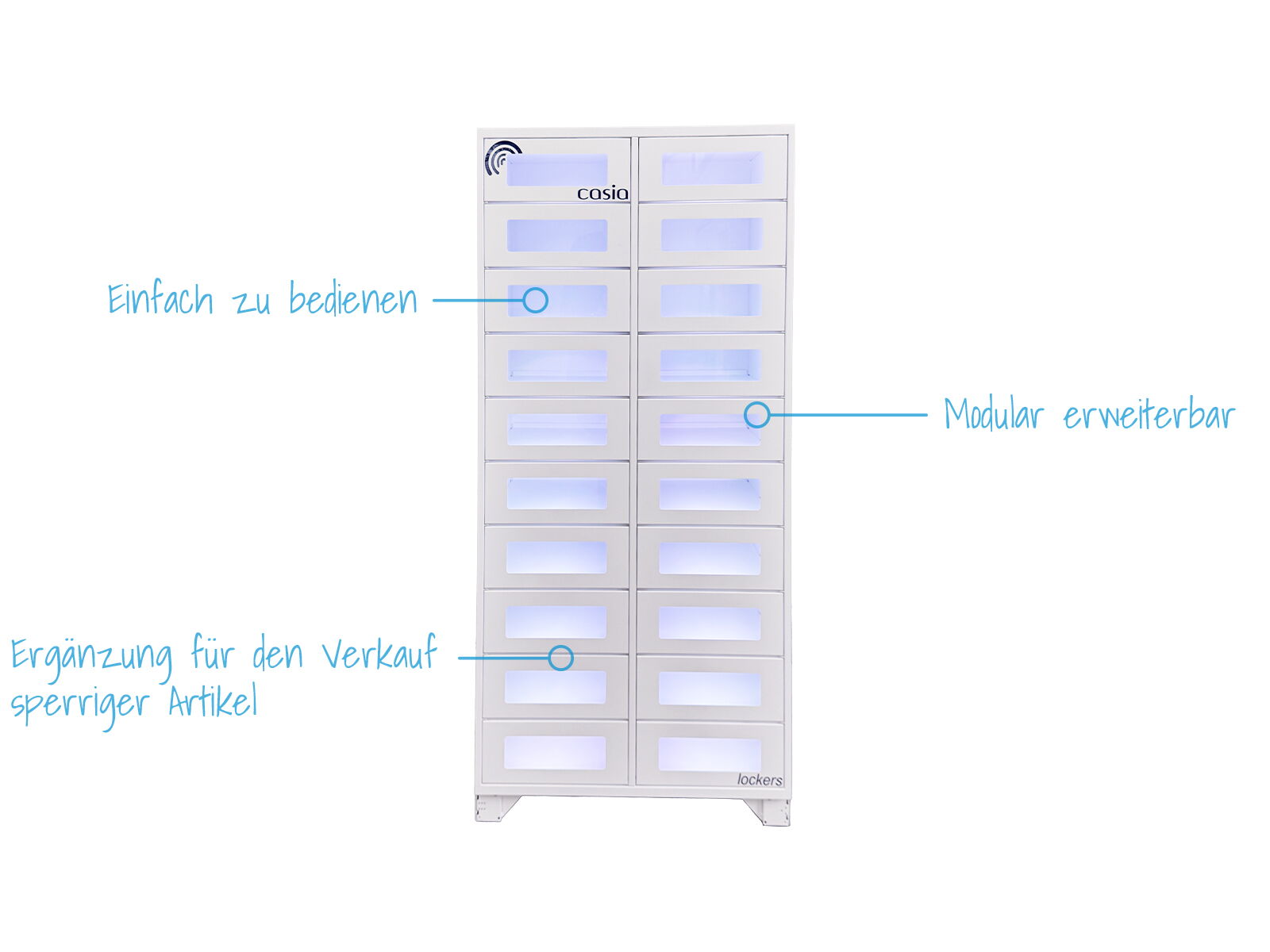 Weißes Schließfachsystem als Verkaufsautomaten-Ergänzung mit Funktionsmarkierungen      