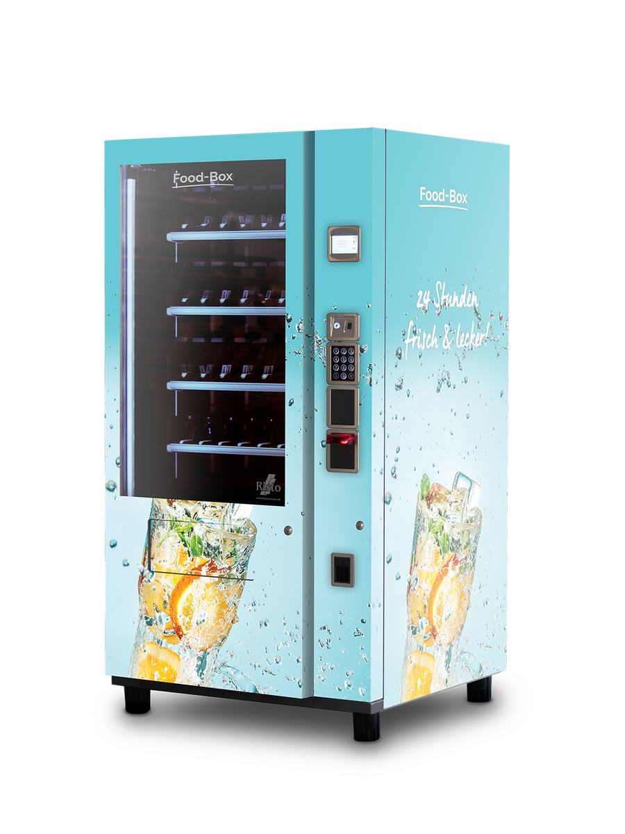 Verkaufsautomat mit Erfrischungsgetränk-Motiv, Eiswürfel und Zitrusfrüchte auf blauem Design