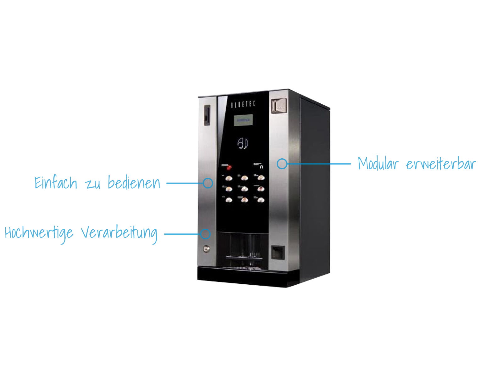 Schwarzer Kaffee-Verkaufsautomat mit Getränkeabbildungen und Bedienfeld      
