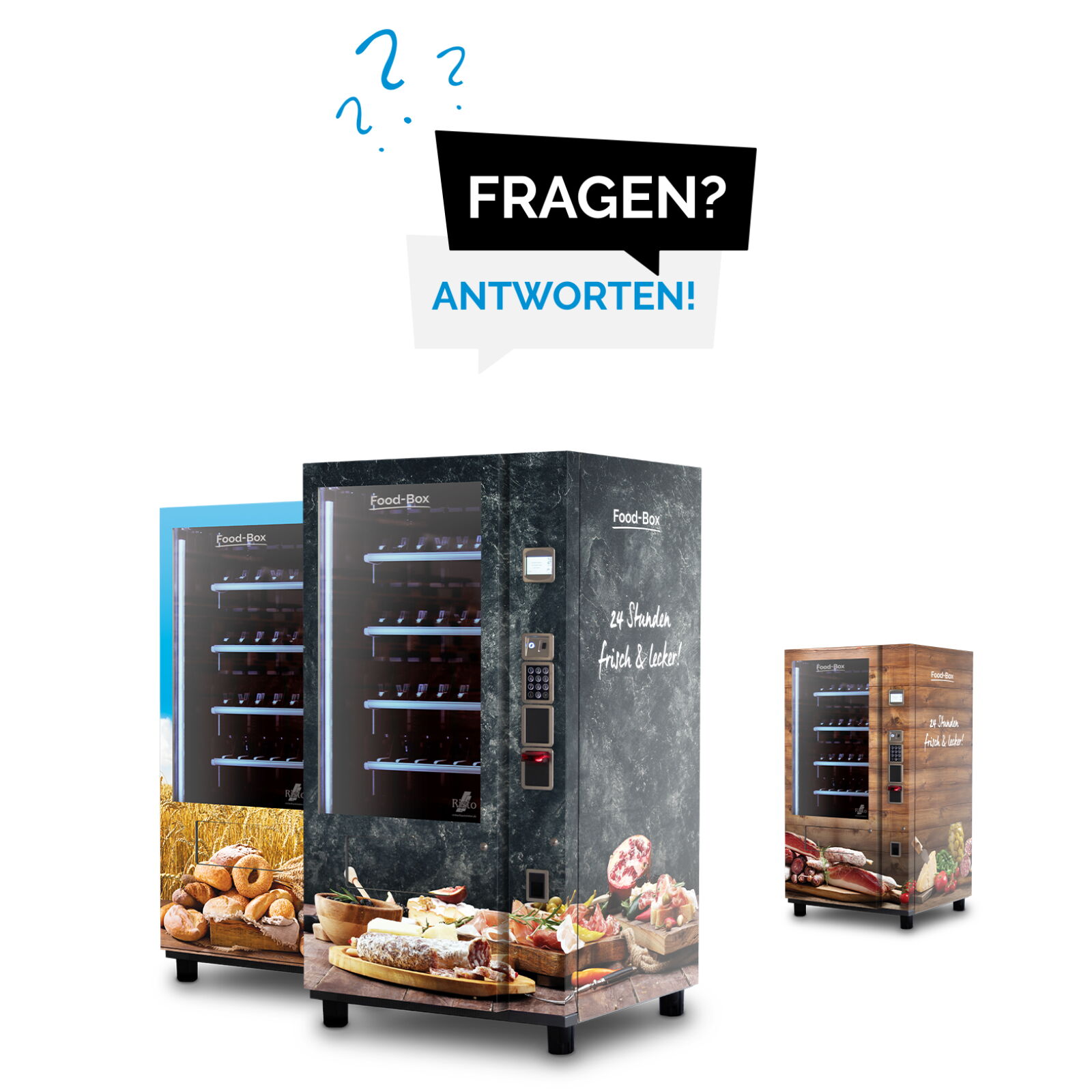 Drei Verkaufsautomaten mit Lebensmittelmotiven und Schriftzug Fragen Antworten darüber      