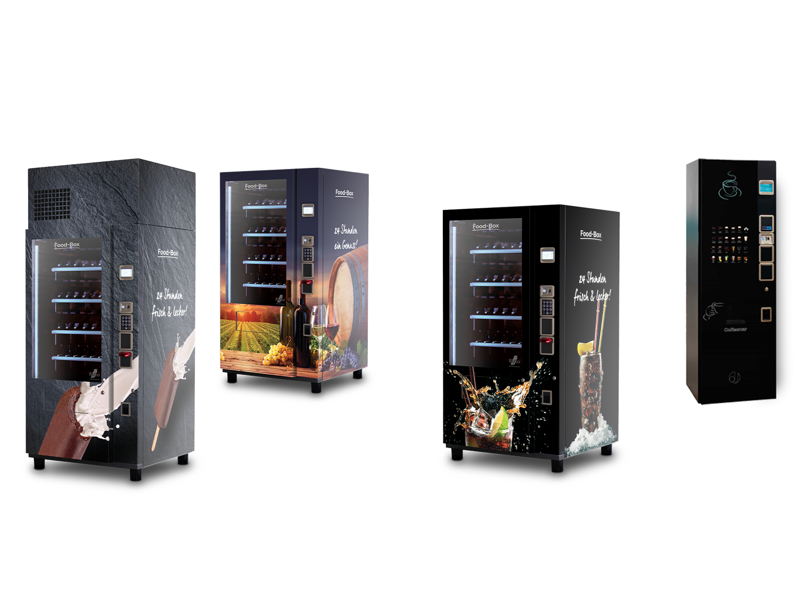 Mehrere Verkaufsautomaten mit unterschiedlichen Designs für Eis, Wein, Cocktails und Kaffee      