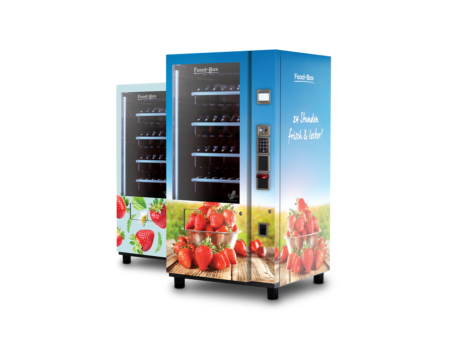 Zwei Verkaufsautomaten mit Erdbeerabbildungen, Glasfront und frischem Produktdesign      