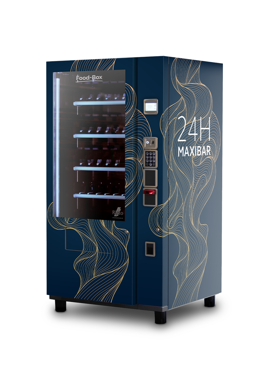 Verkaufsautomat in blauem Design mit Goldlinien und Schriftzug 24H Maxibar      