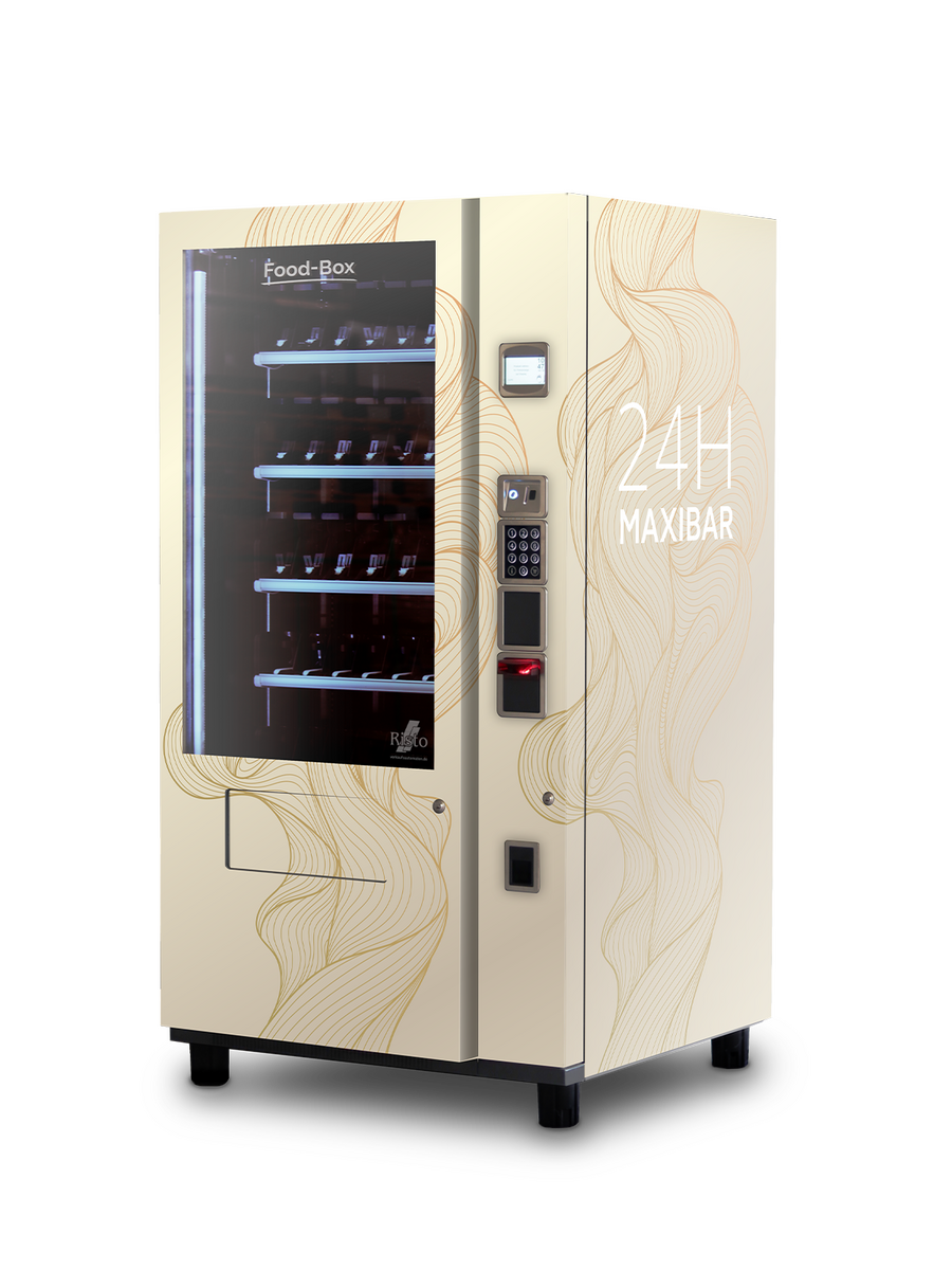 Verkaufsautomat MAXIBAR mit modernem Linien-Design, Touchdisplay und Glasfront      