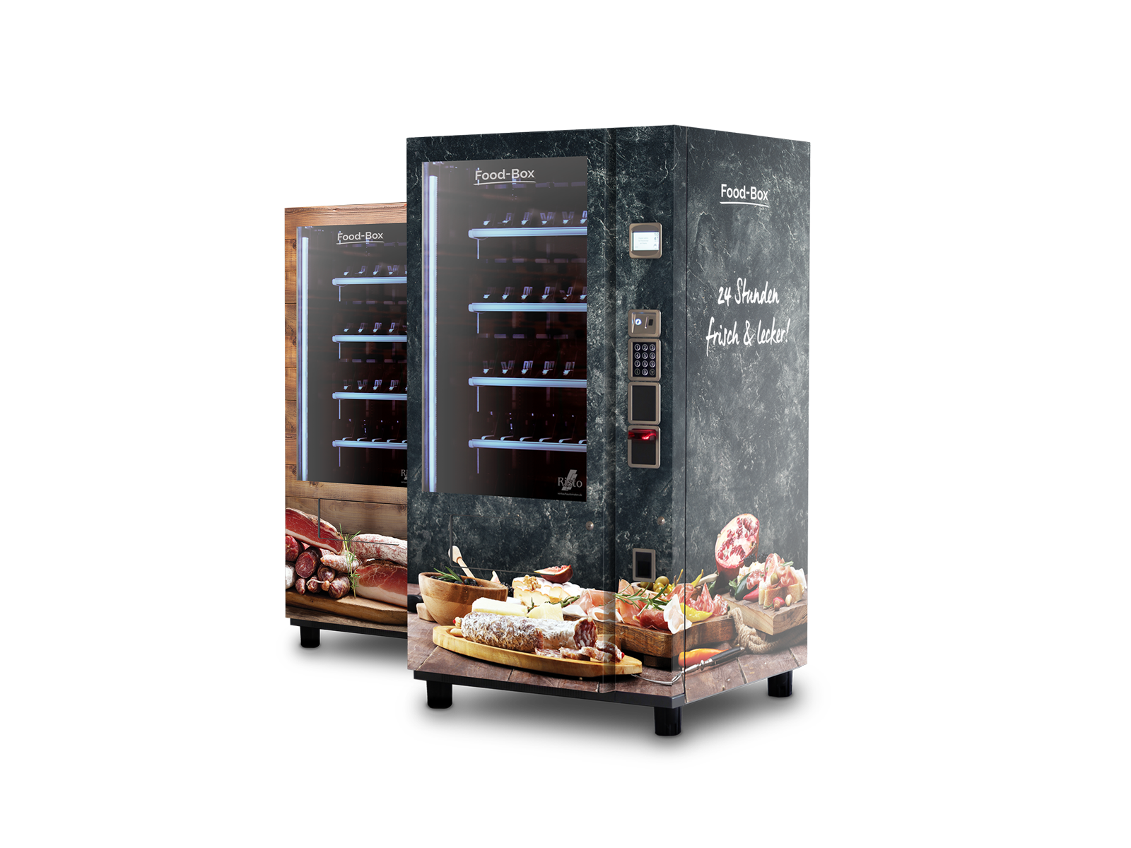 Zwei schwarze Verkaufsautomaten mit Fleisch-, Käse- und Wurstabbildungen      